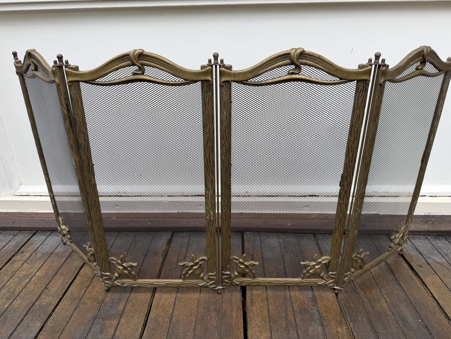 Firescreen, antique art nouveau brass, chique fireplace screen furniture with irisses. Art nouveau botanical