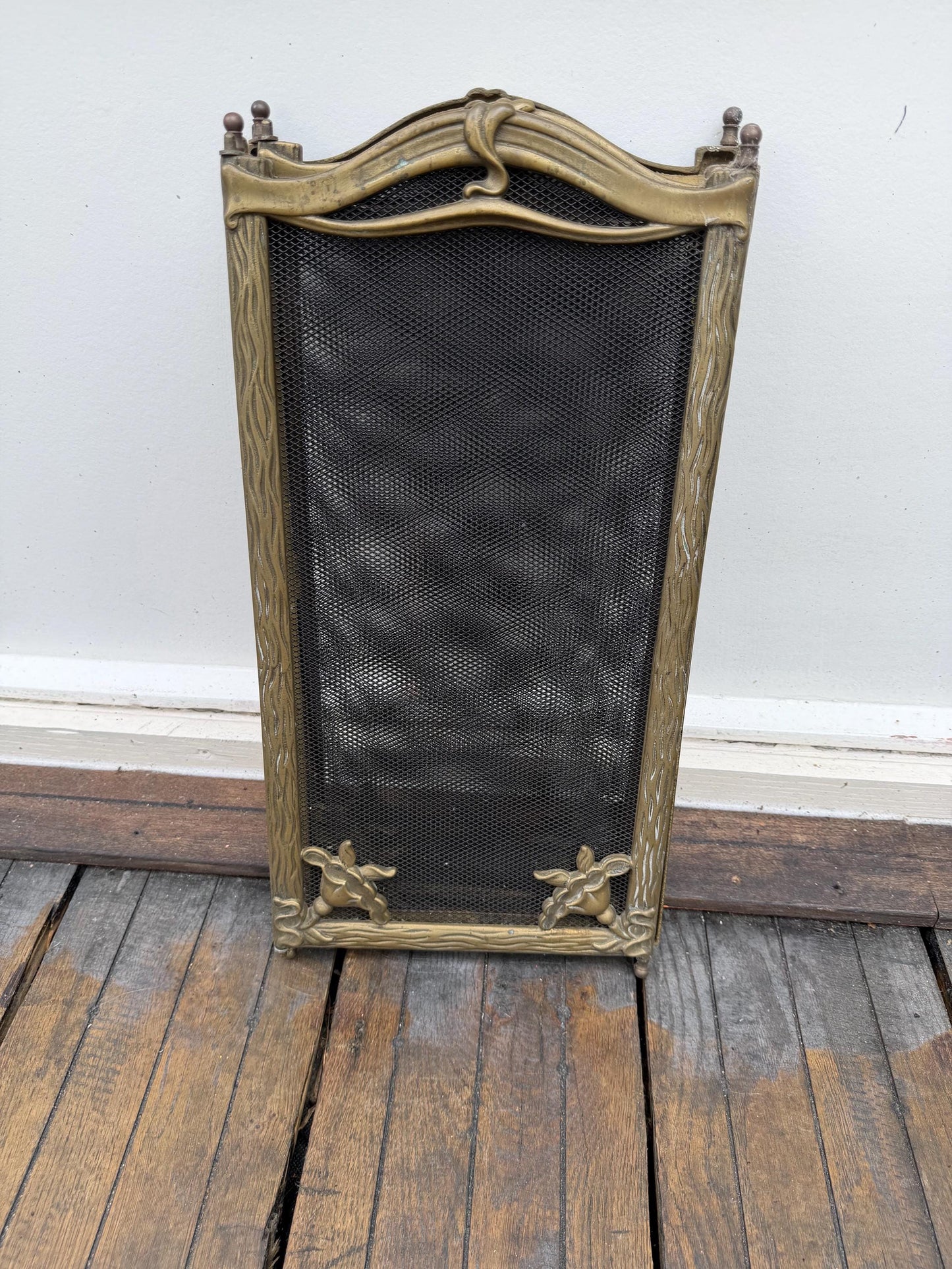 Firescreen, antique art nouveau brass, chique fireplace screen furniture with irisses. Art nouveau botanical