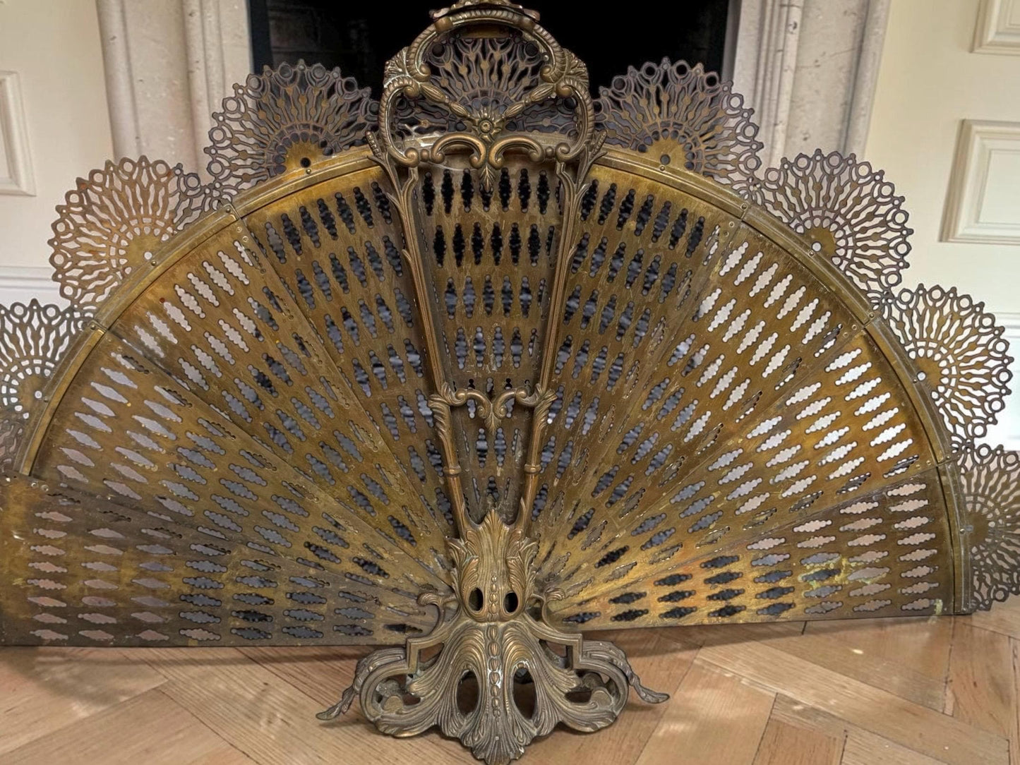 Antique Victorian Brass Peacock Fan Fireplace Screen, 19th Century, perfect