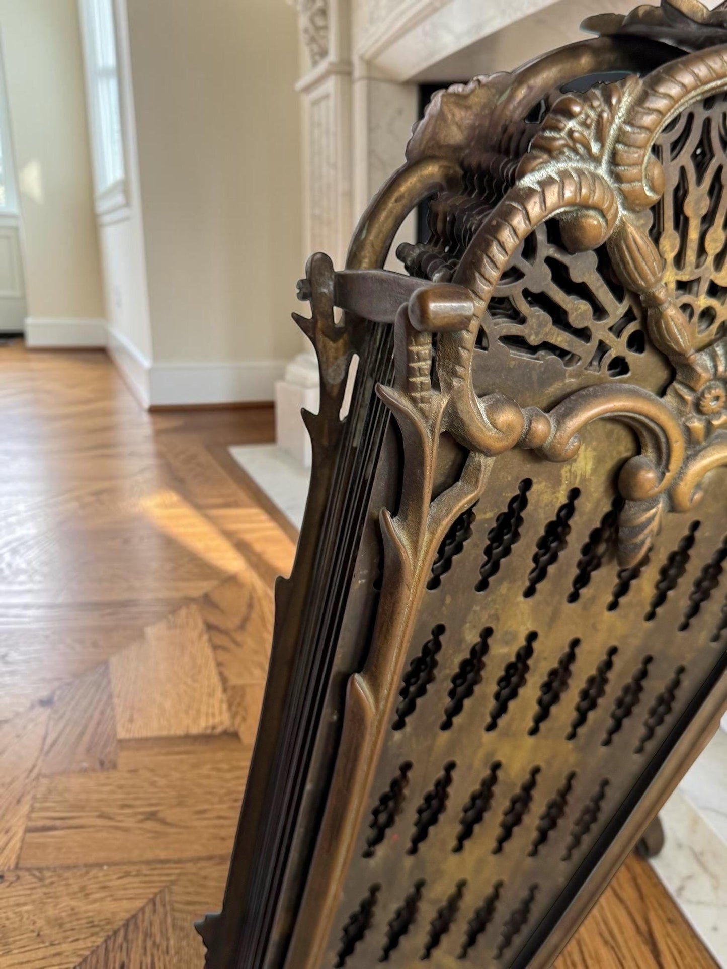 Antique Victorian Brass Peacock Fan Fireplace Screen, 19th Century, perfect