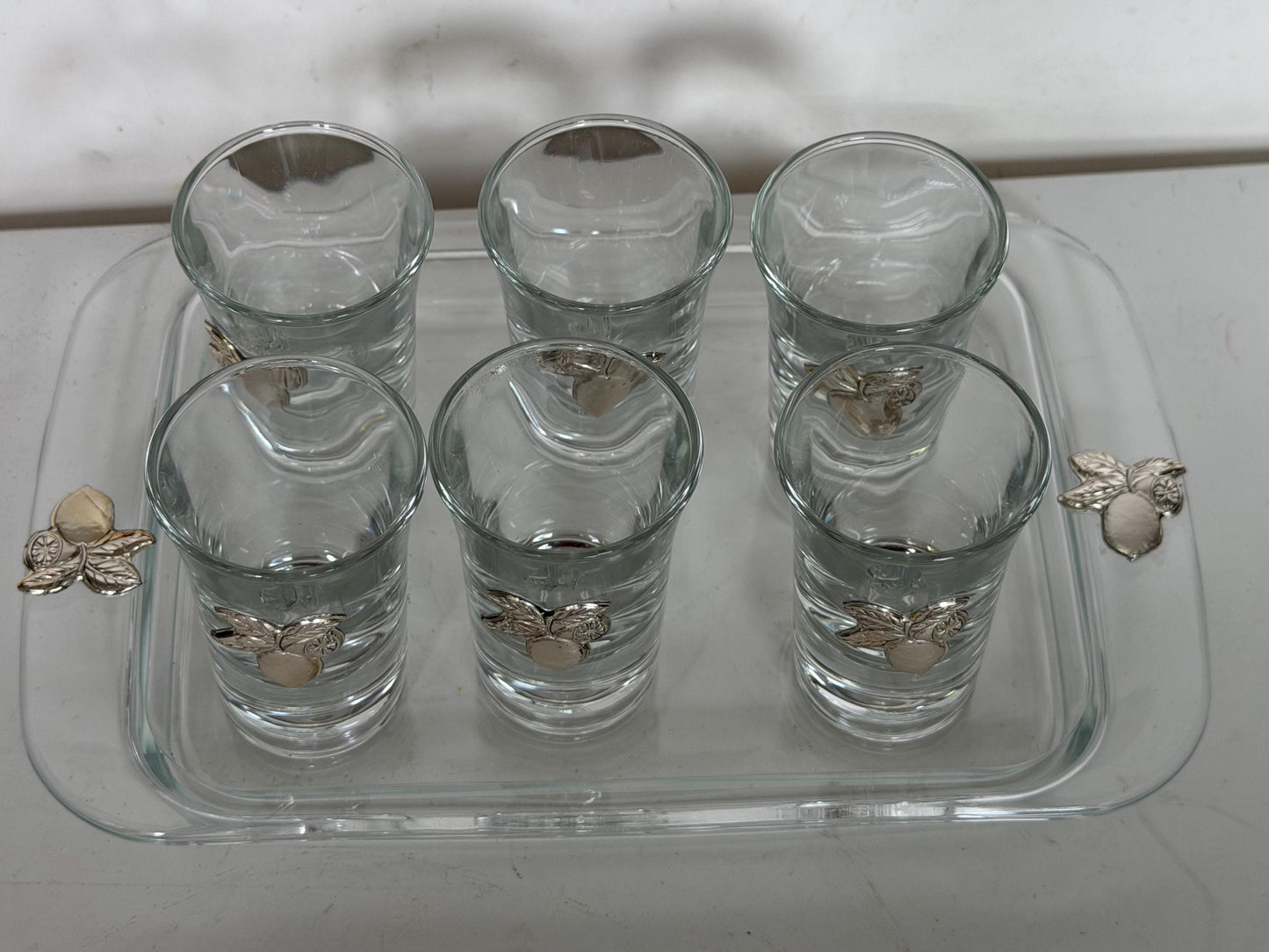 Limoncello 925 silver glasses on tray, liquer crystal , vintage italy,