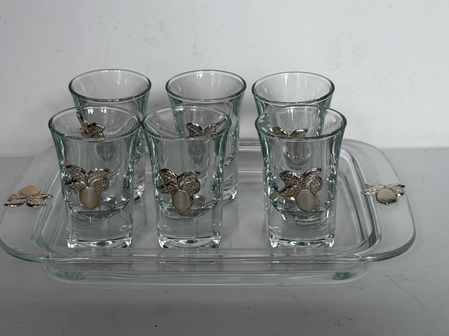 Limoncello 925 silver glasses on tray, liquer crystal , vintage italy,