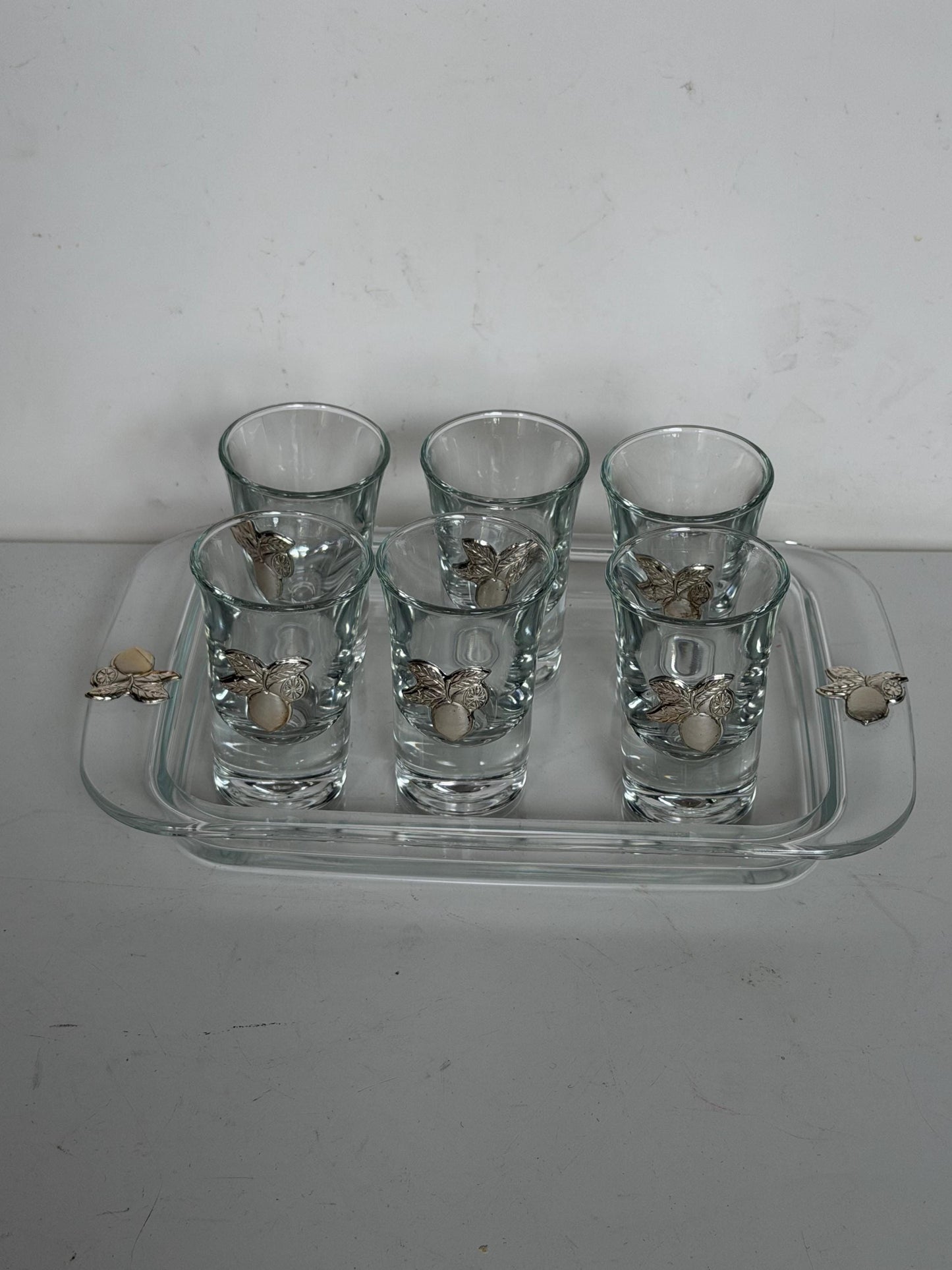 Limoncello 925 silver glasses on tray, liquer crystal , vintage italy,