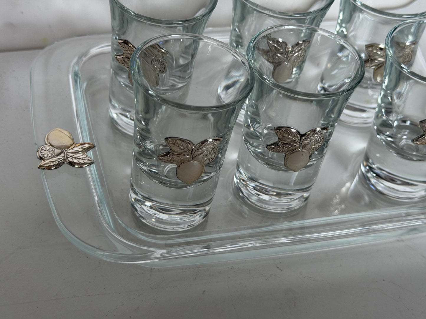 Limoncello 925 silver glasses on tray, liquer crystal , vintage italy,