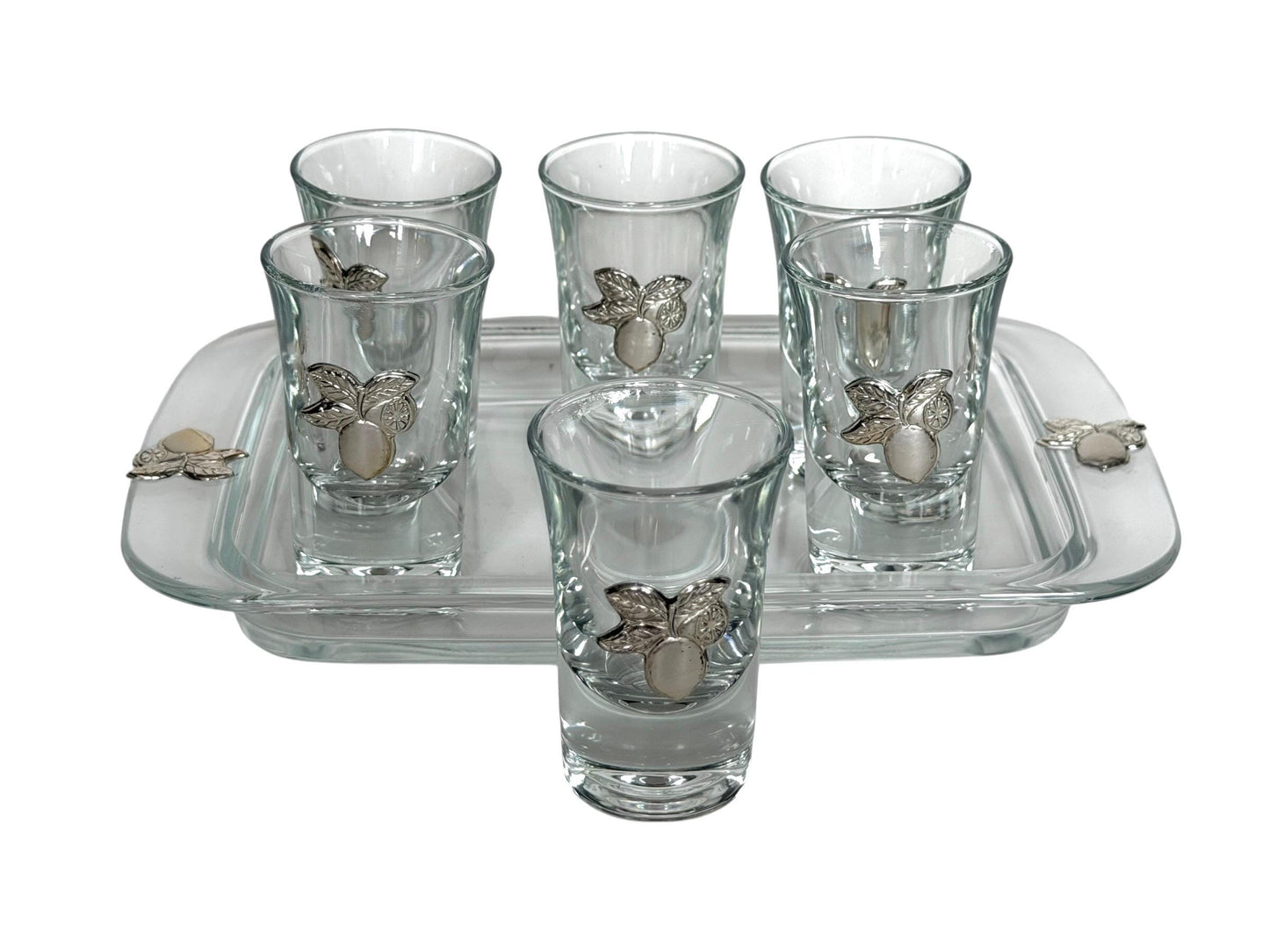 Limoncello 925 silver glasses on tray, liquer crystal , vintage italy,