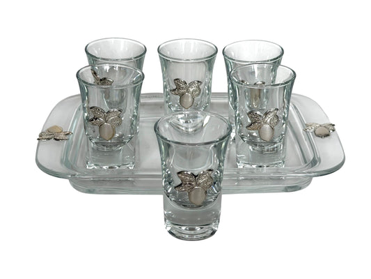 Limoncello 925 silver glasses on tray, liquer crystal , vintage italy,