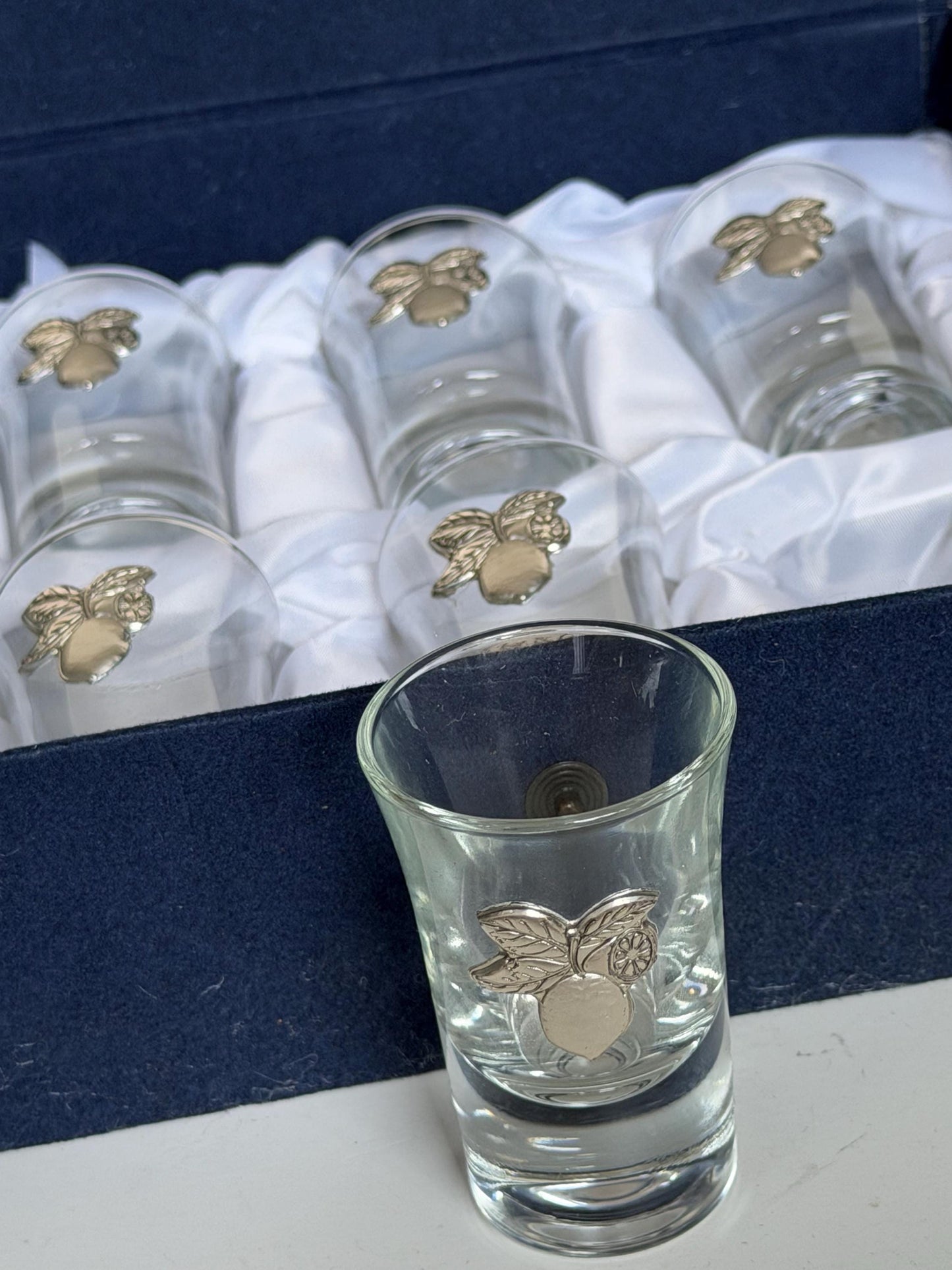 Limoncello 925 silver glasses in case, liquer crystal , vintage italy, marked, silver , italian