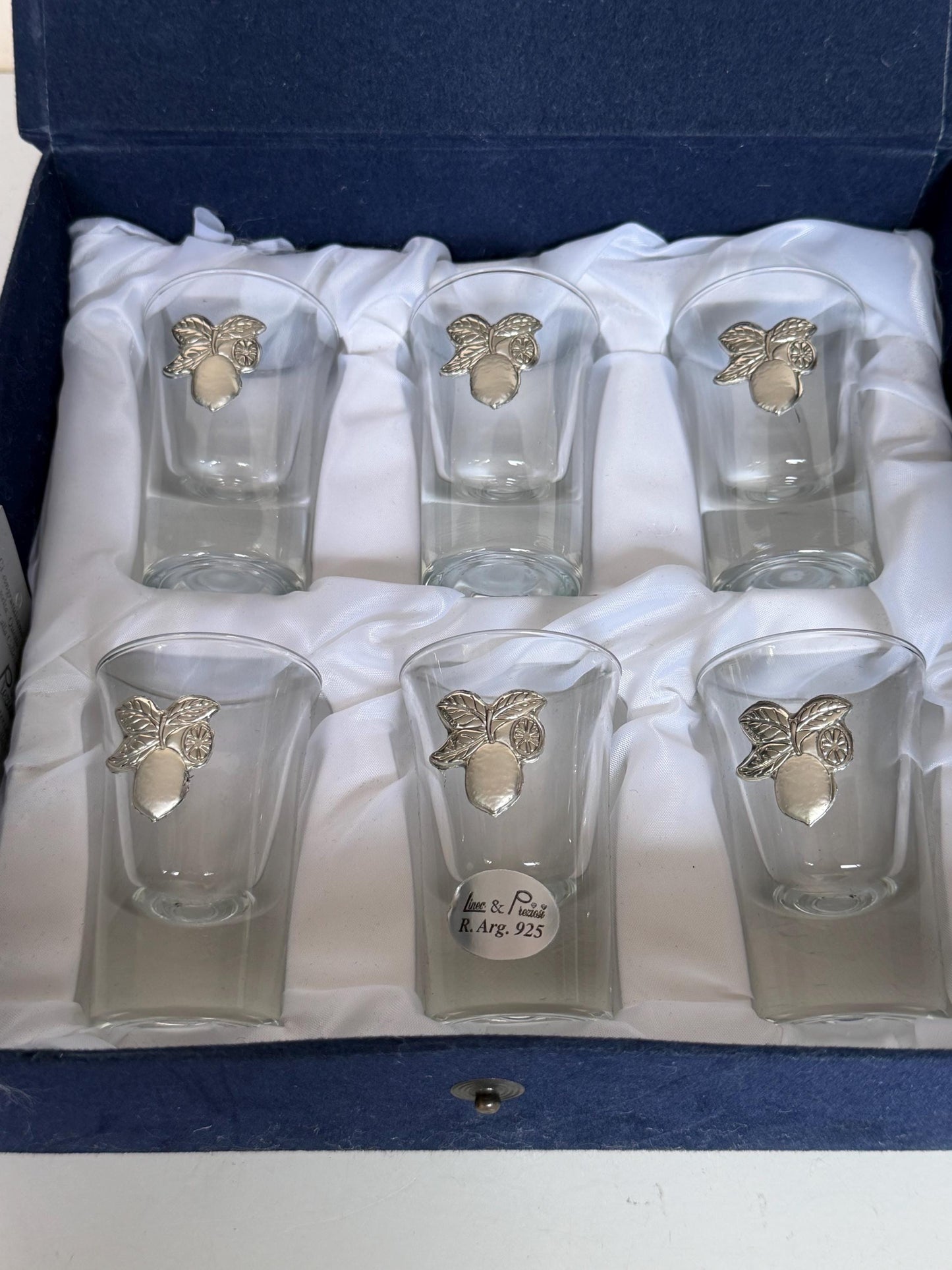 Limoncello 925 silver glasses in case, liquer crystal , vintage italy, marked, silver , italian
