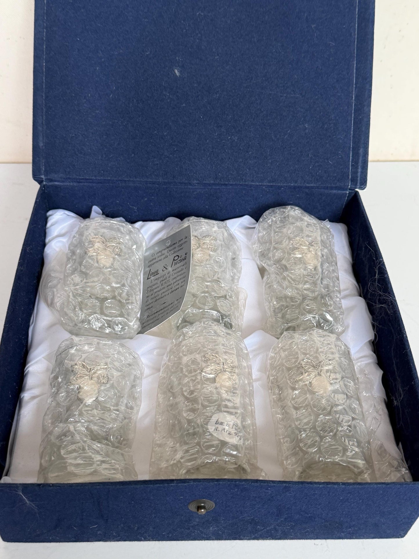 Limoncello 925 silver glasses in case, liquer crystal , vintage italy, marked, silver , italian