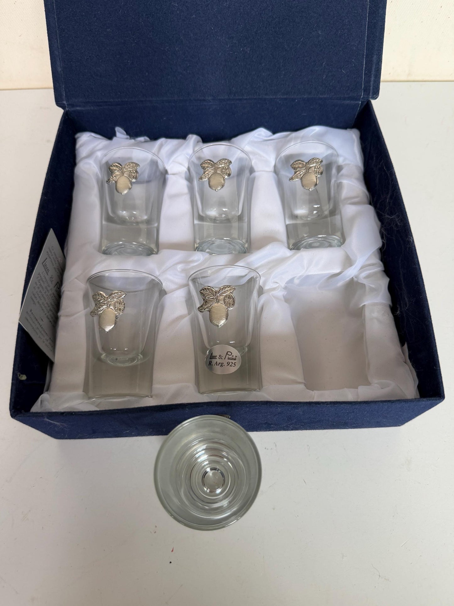 Limoncello 925 silver glasses in case, liquer crystal , vintage italy, marked, silver , italian