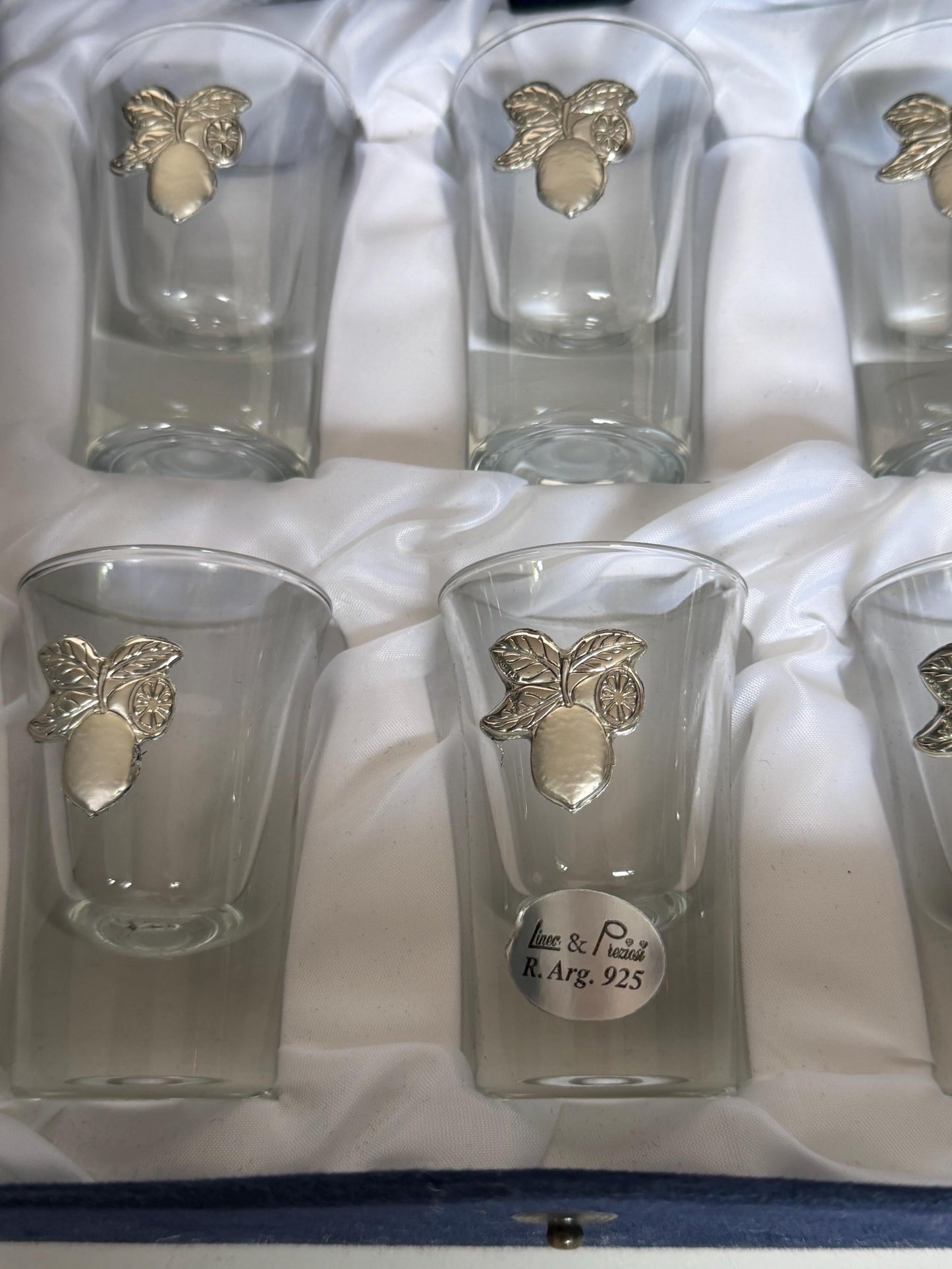 Limoncello 925 silver glasses in case, liquer crystal , vintage italy, marked, silver , italian