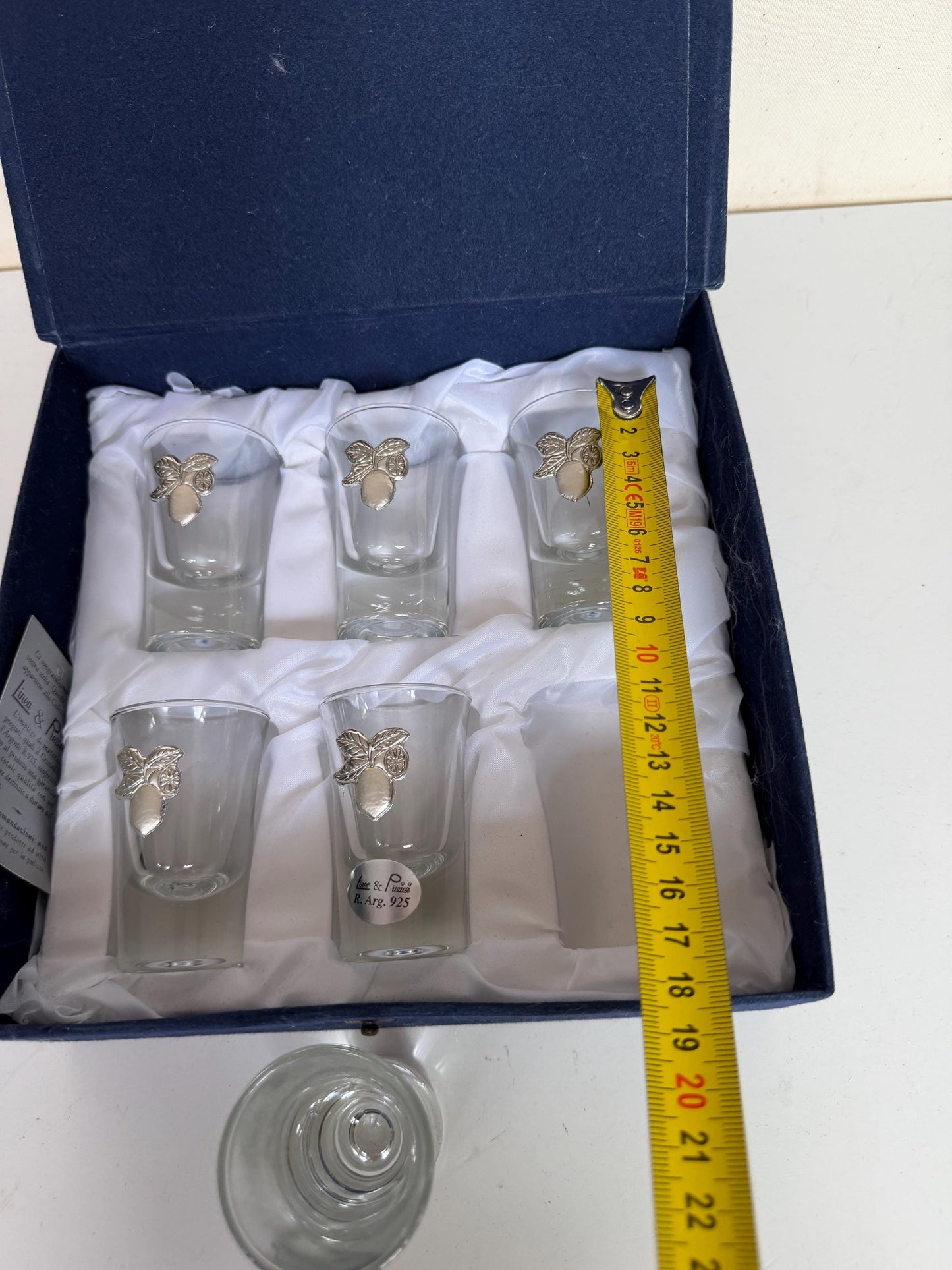 Limoncello 925 silver glasses in case, liquer crystal , vintage italy, marked, silver , italian