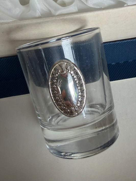925 silver shot  glasses, liquer crystal , vintage italy, with silver shield can be engraved, personalised limoncello ouzo raki