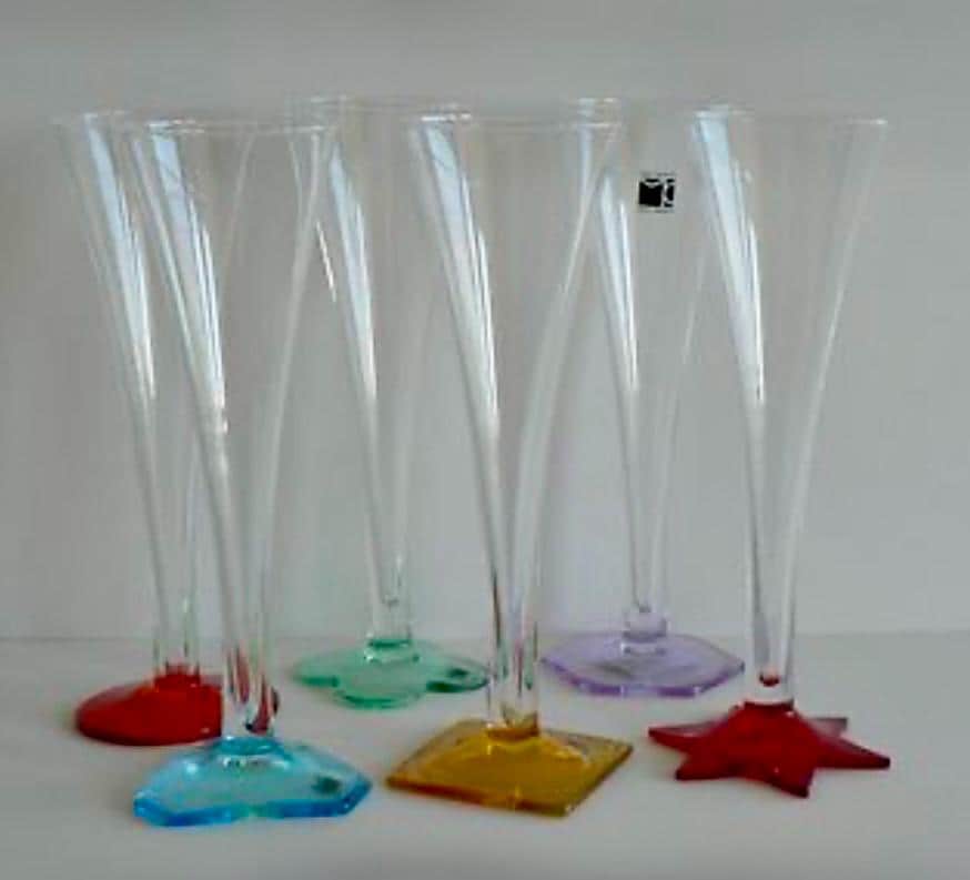 Set of 6 Carlo Moretti Murano Champagne Flutes, Signed Collectible Stem Glass exclusive designer luxury tableware Festa Colorata BICCHIERI