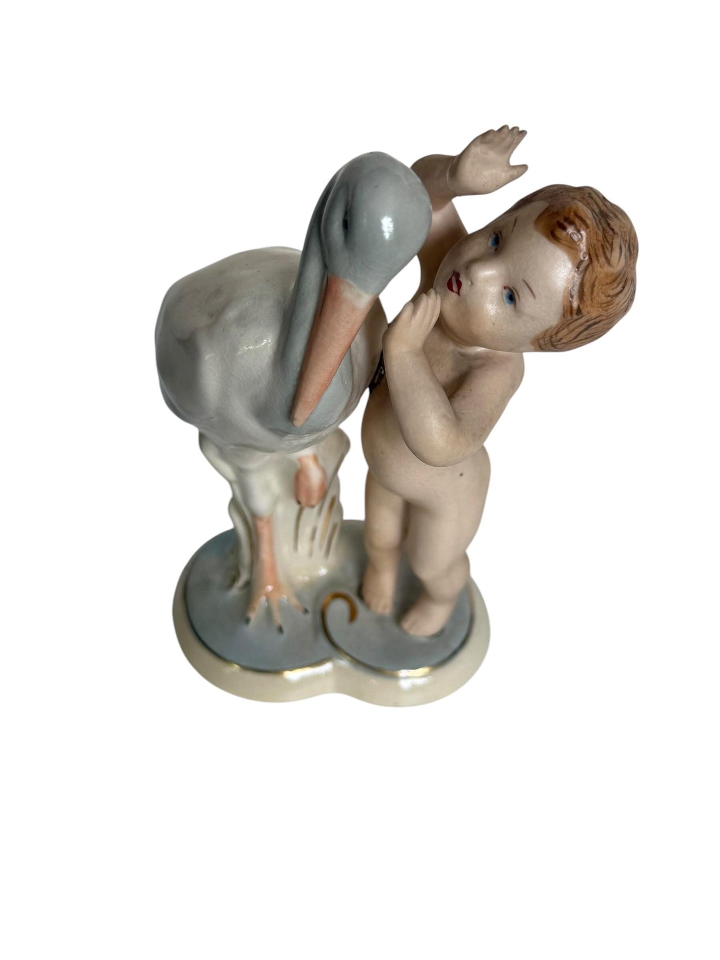 Antique Royal Dux Bohemia Porcelain Figurine – Child with Stork – ca. 1920 Birth nursery present collectible, pastel baby boy girl