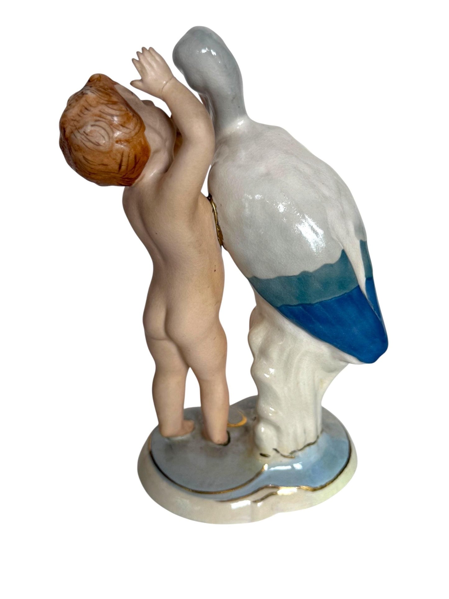 Antique Royal Dux Bohemia Porcelain Figurine – Child with Stork – ca. 1920 Birth nursery present collectible, pastel baby boy girl