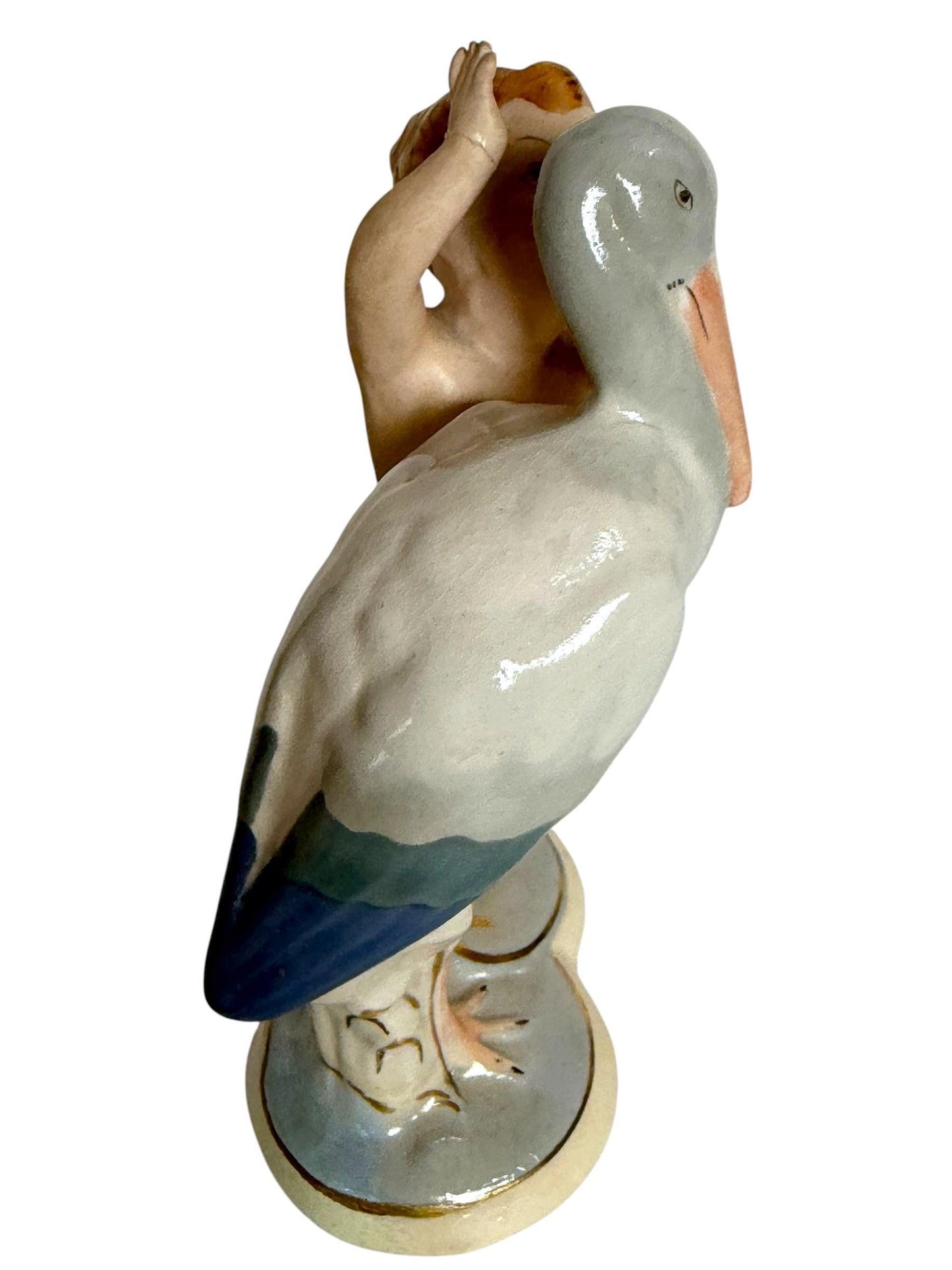 Antique Royal Dux Bohemia Porcelain Figurine – Child with Stork – ca. 1920 Birth nursery present collectible, pastel baby boy girl