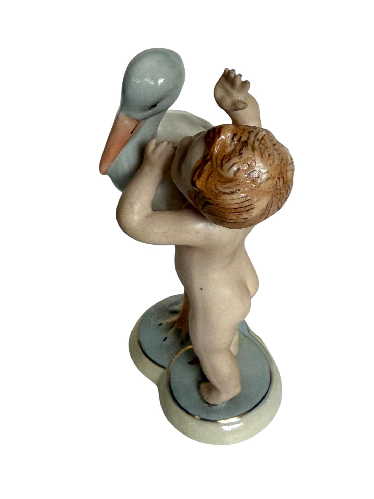 Antique Royal Dux Bohemia Porcelain Figurine – Child with Stork – ca. 1920 Birth nursery present collectible, pastel baby boy girl