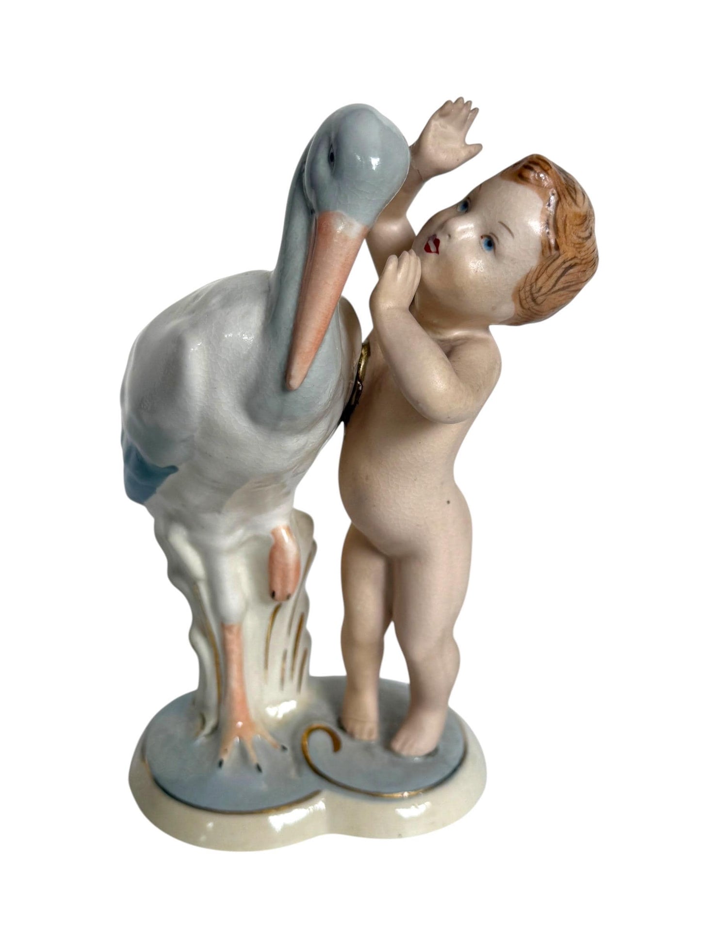 Antique Royal Dux Bohemia Porcelain Figurine – Child with Stork – ca. 1920 Birth nursery present collectible, pastel baby boy girl