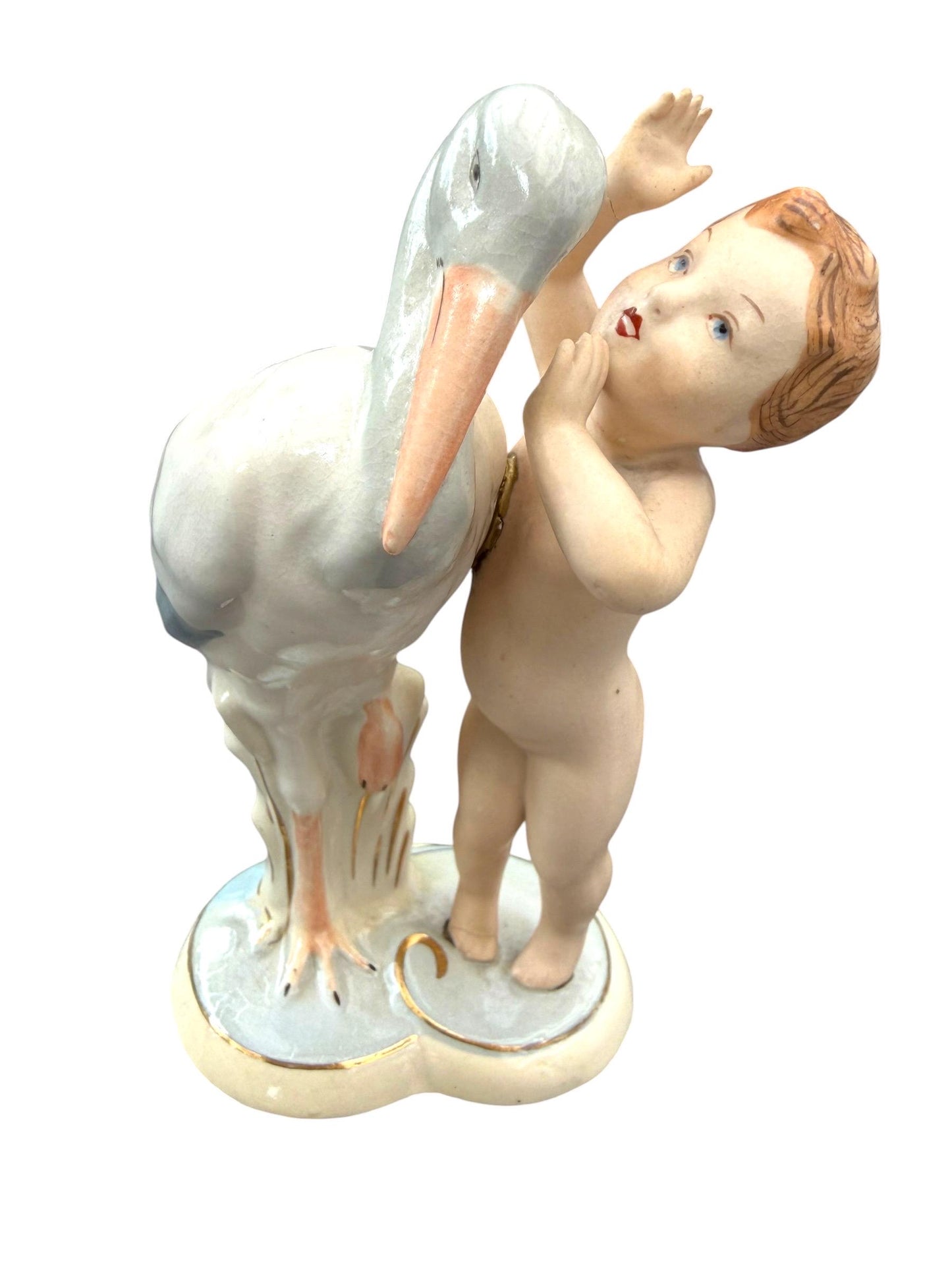 Antique Royal Dux Bohemia Porcelain Figurine – Child with Stork – ca. 1920 Birth nursery present collectible, pastel baby boy girl