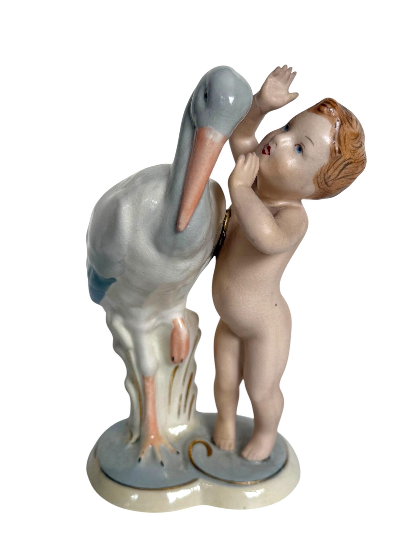 Antique Royal Dux Bohemia Porcelain Figurine – Child with Stork – ca. 1920 Birth nursery present collectible, pastel baby boy girl