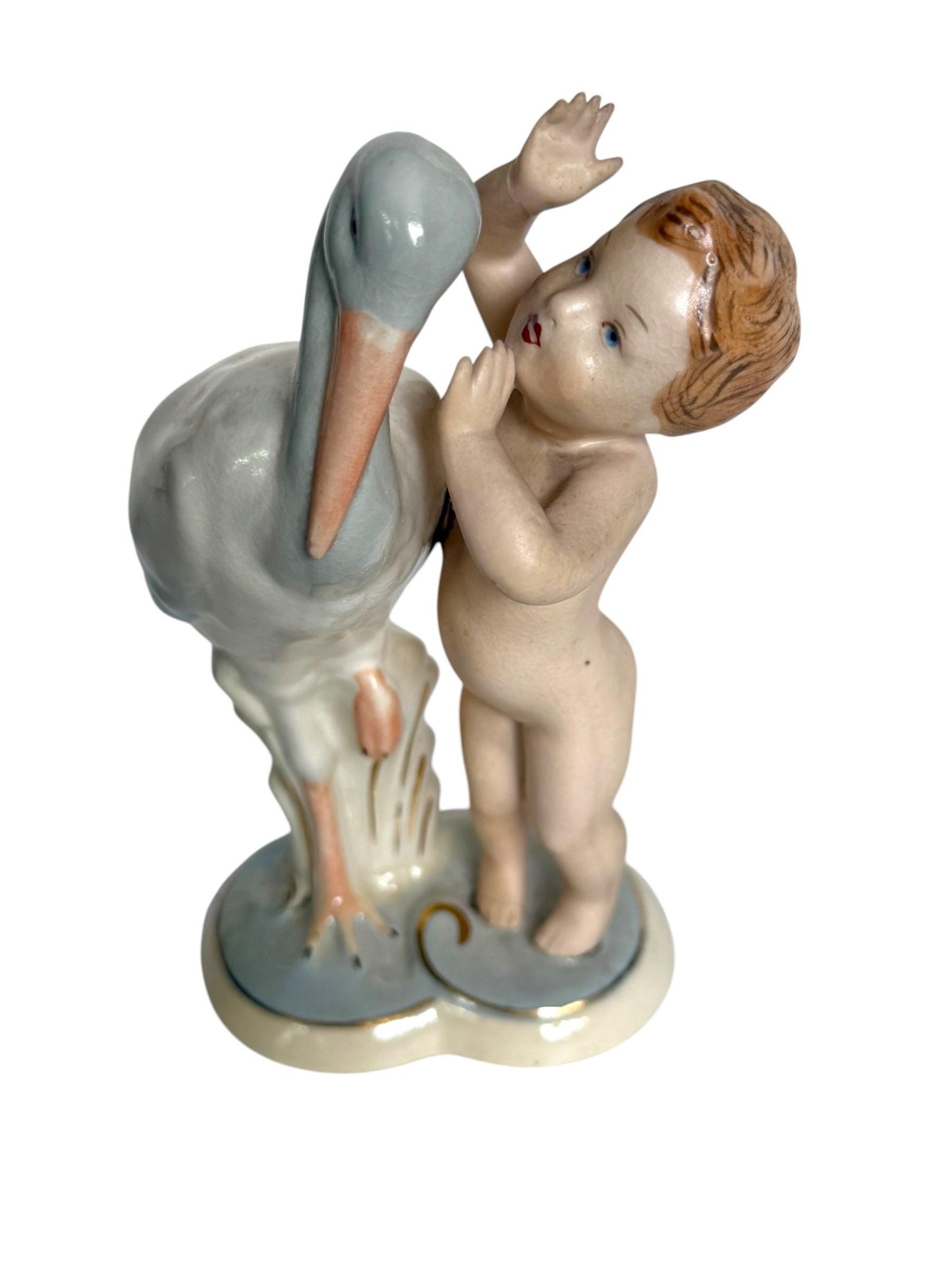 Antique Royal Dux Bohemia Porcelain Figurine – Child with Stork – ca. 1920 Birth nursery present collectible, pastel baby boy girl