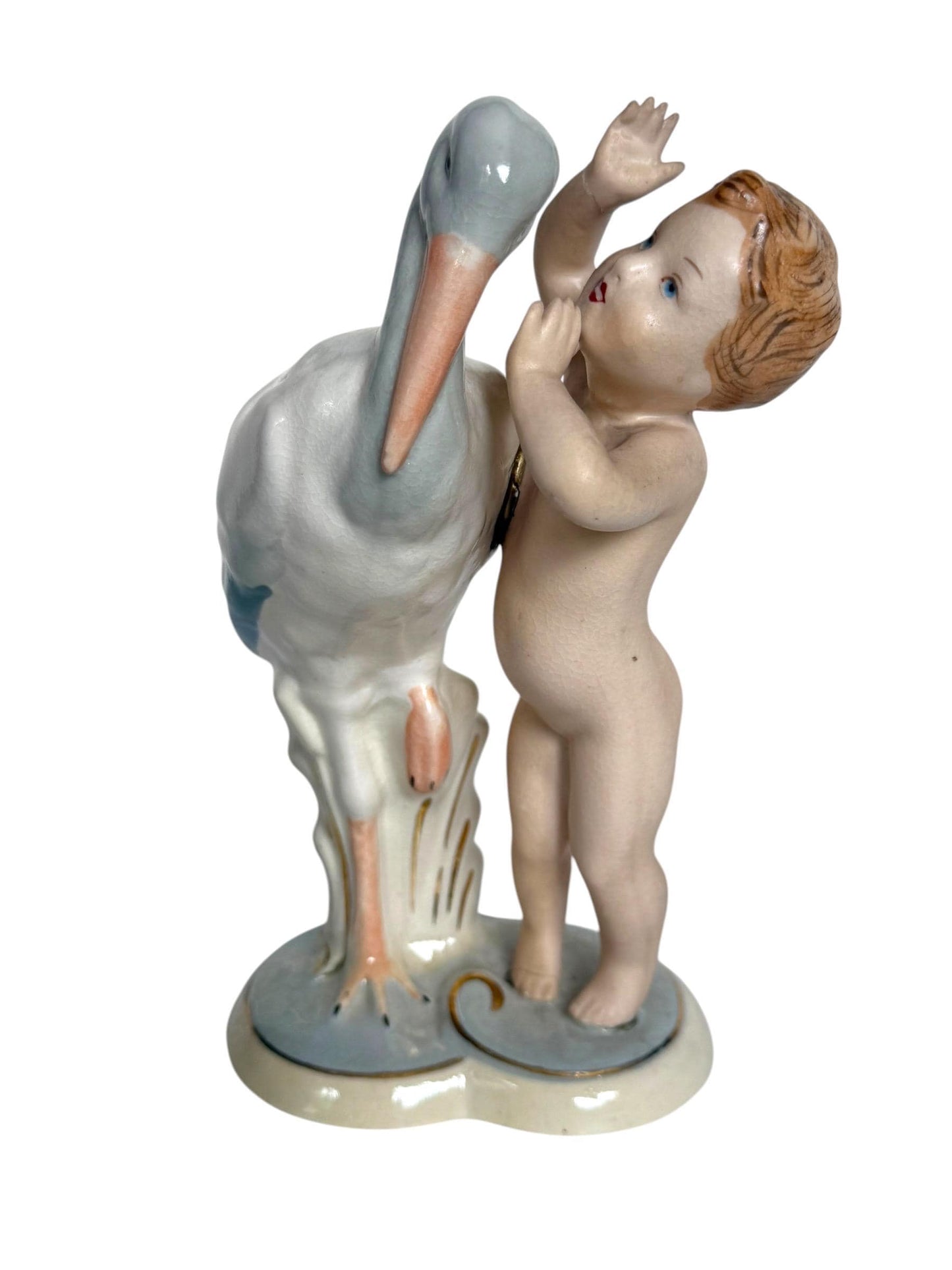 Antique Royal Dux Bohemia Porcelain Figurine – Child with Stork – ca. 1920 Birth nursery present collectible, pastel baby boy girl