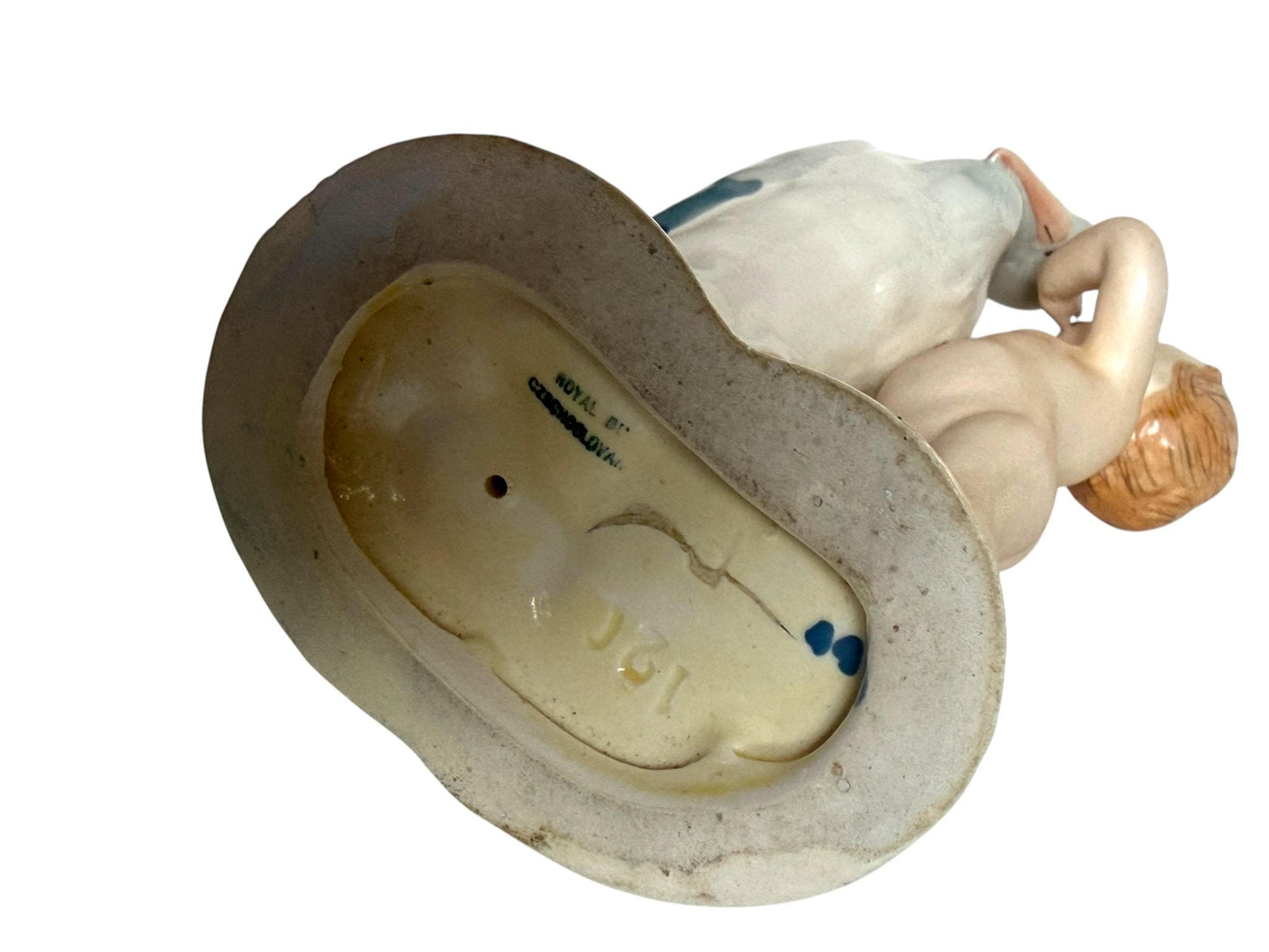 Antique Royal Dux Bohemia Porcelain Figurine – Child with Stork – ca. 1920 Birth nursery present collectible, pastel baby boy girl