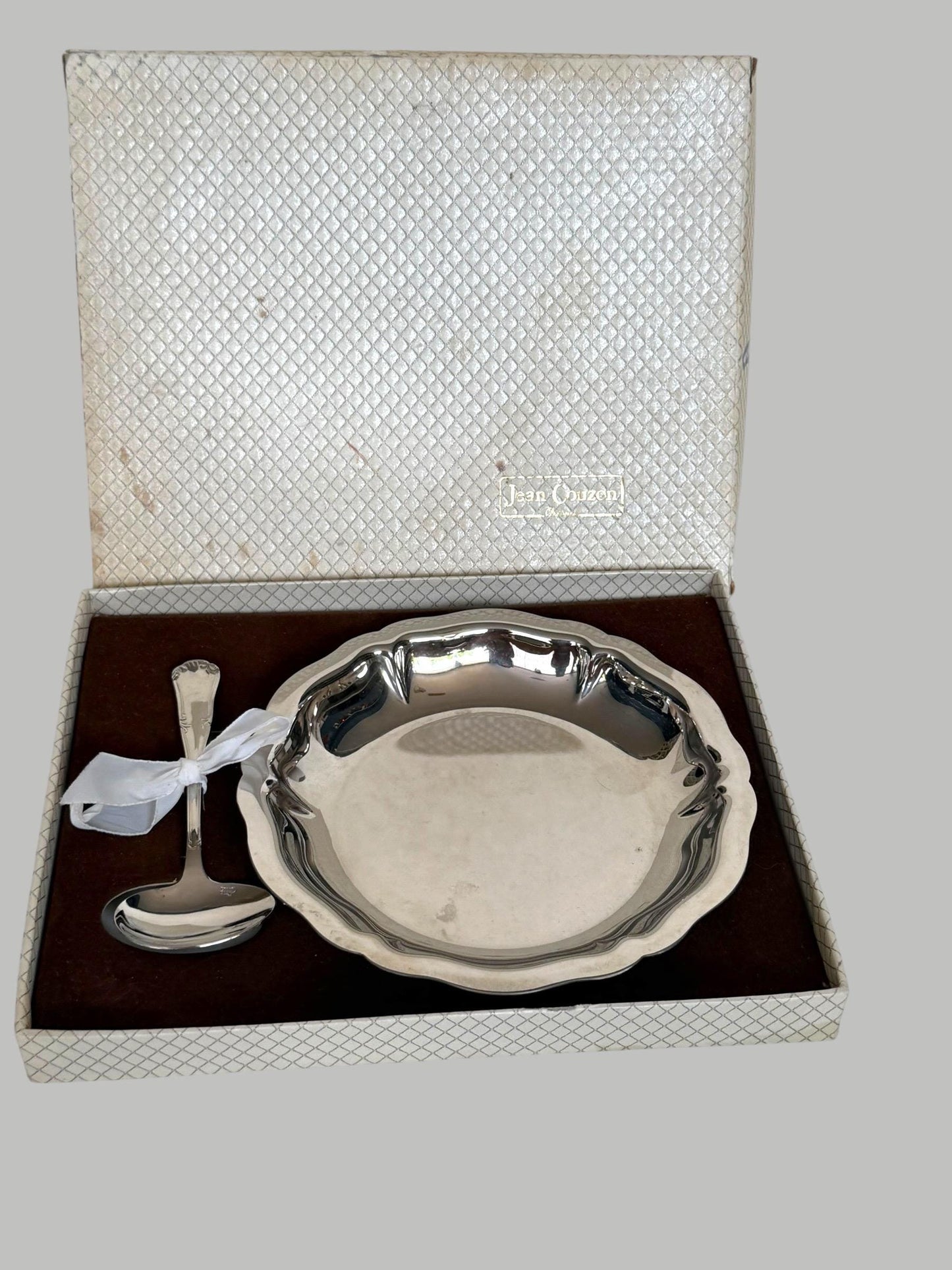 Vintage French Silver Plated Baby Bowl and Spoon Set Original Presentation Box Christening shower Gift nurserybaby, Jean Couzon France