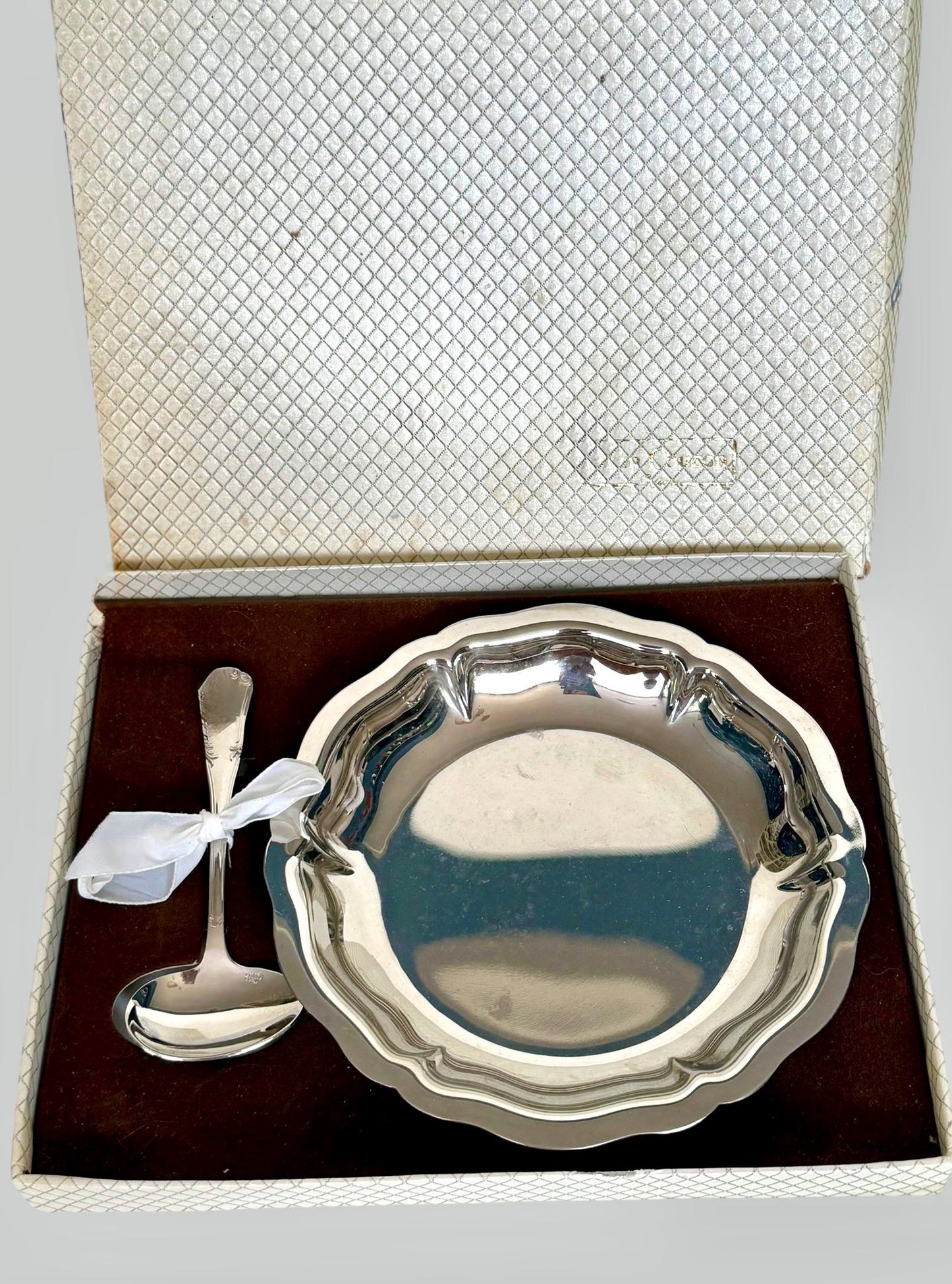 Vintage French Silver Plated Baby Bowl and Spoon Set Original Presentation Box Christening shower Gift nurserybaby, Jean Couzon France