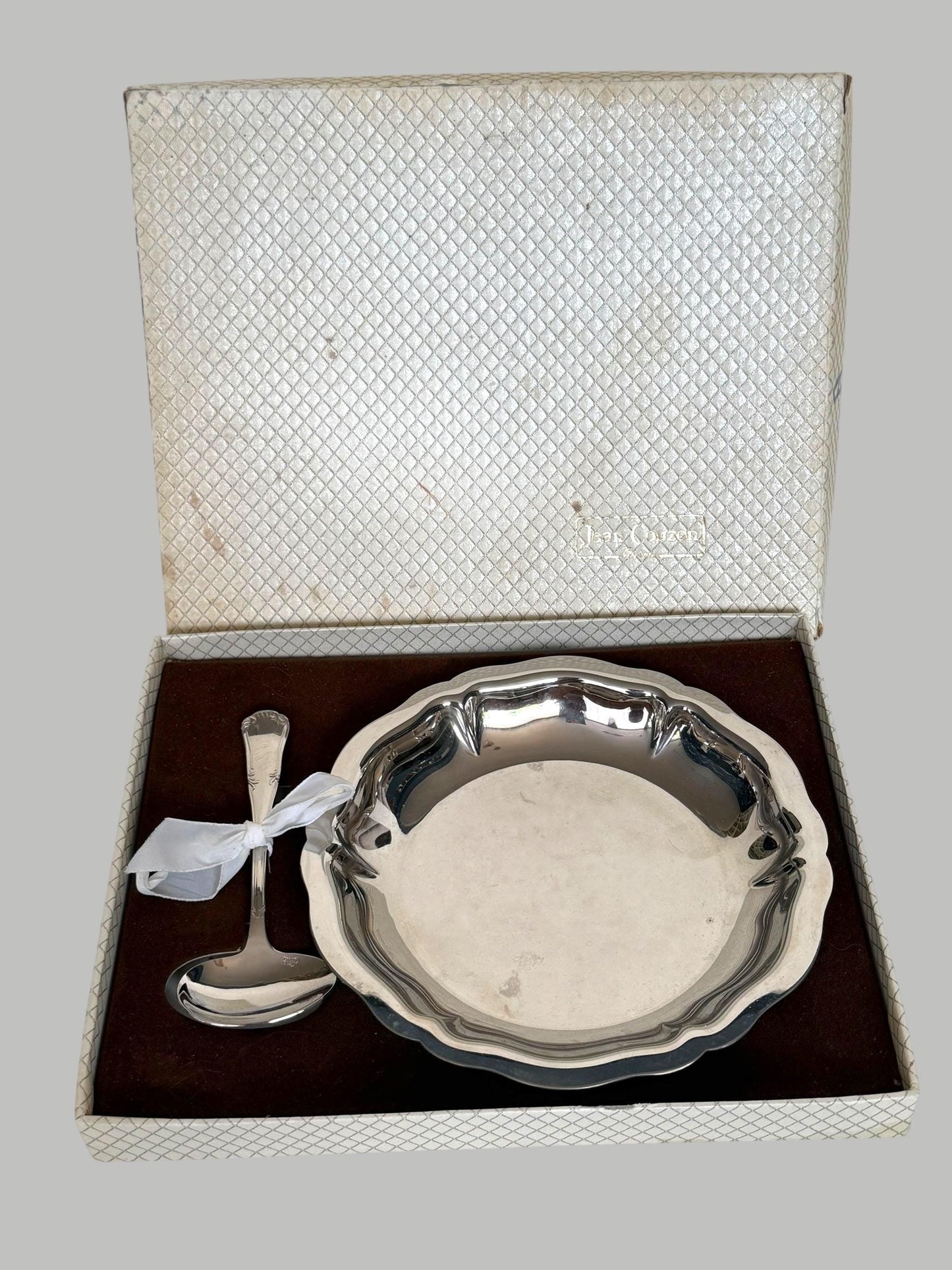 Vintage French Silver Plated Baby Bowl and Spoon Set Original Presentation Box Christening shower Gift nurserybaby, Jean Couzon France