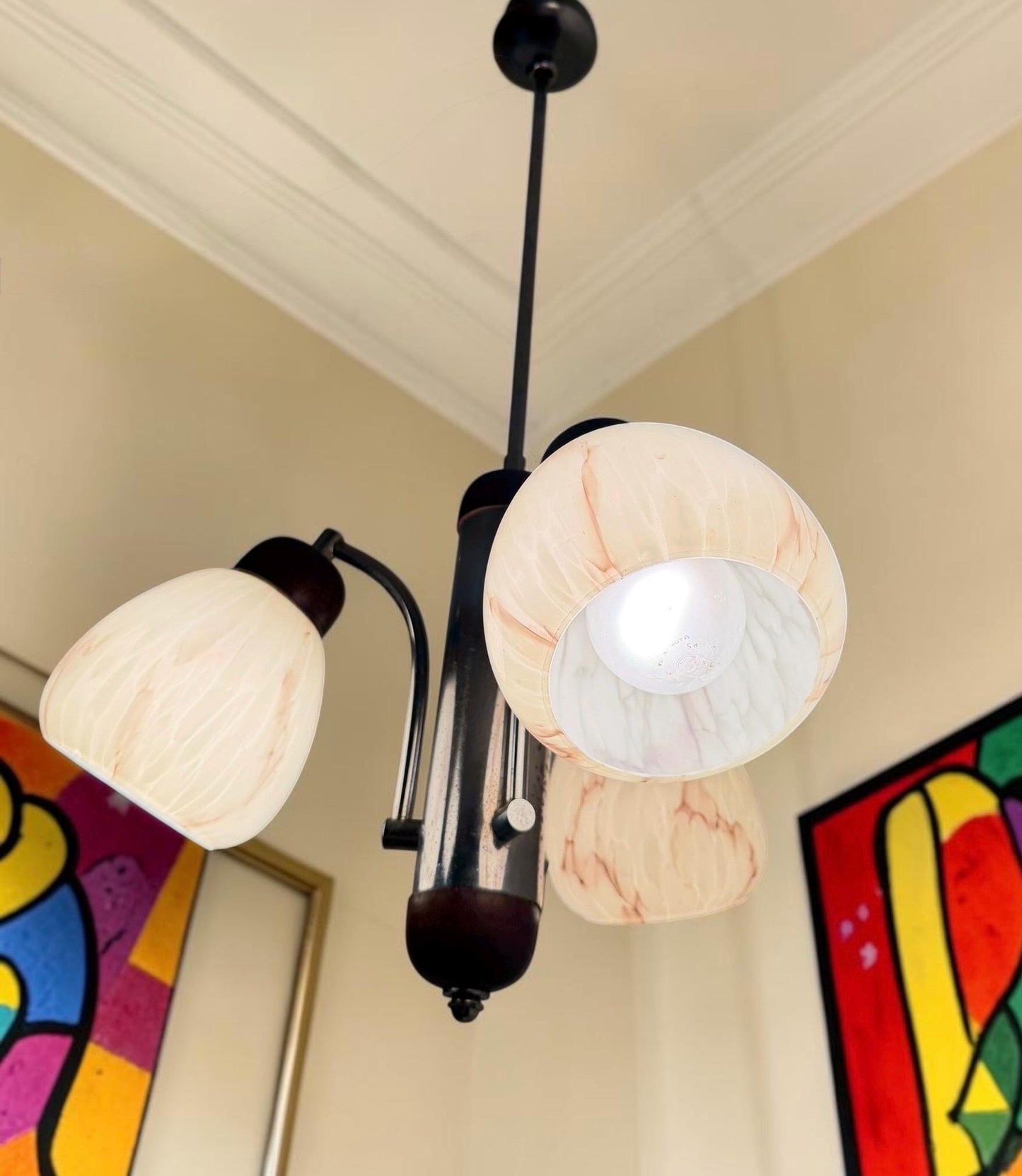 1930s Art Deco Bauhaus Chandelier – Chrome, Wood & Marbled Glass – Czechoslovakia