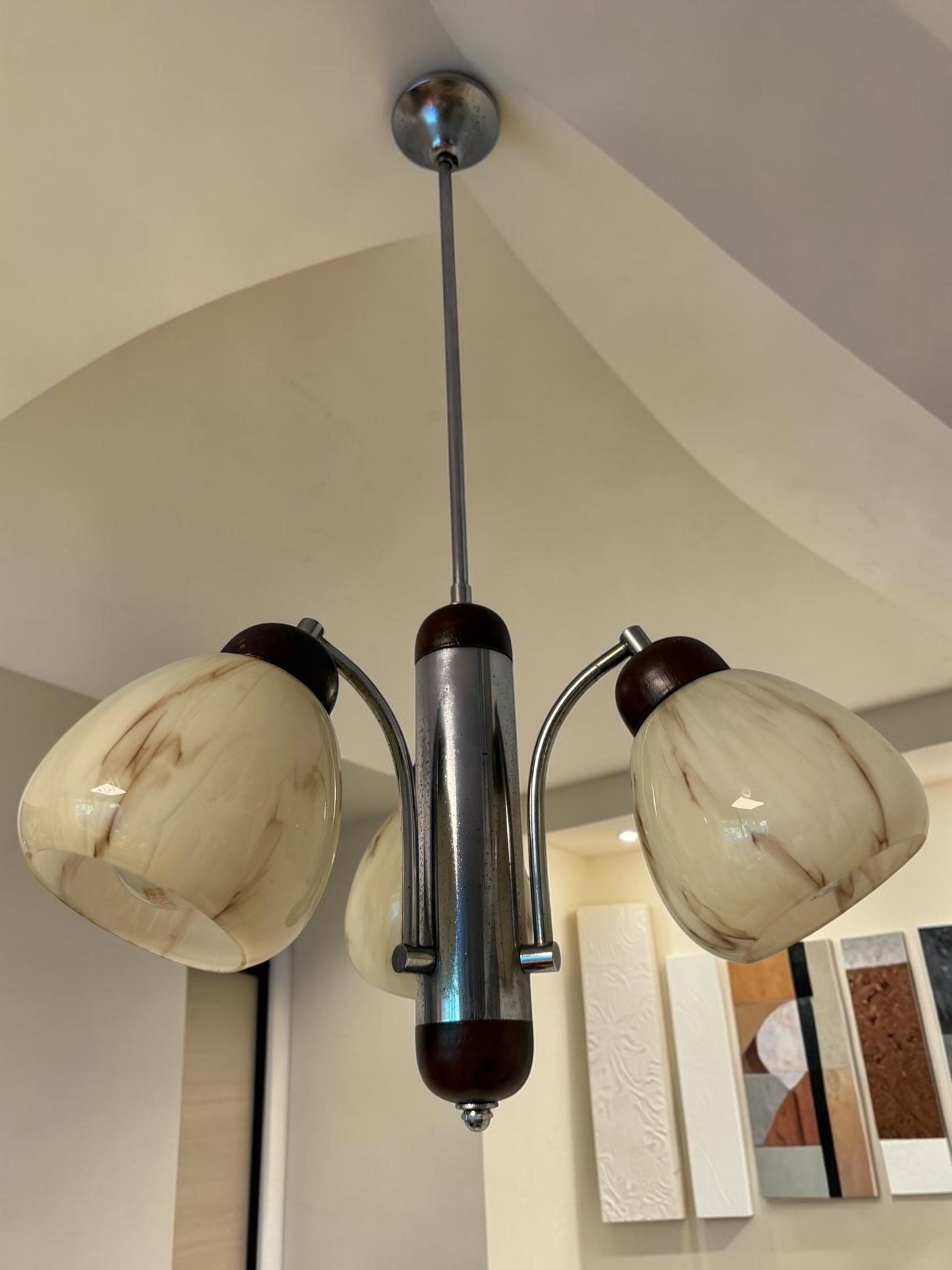 1930s Art Deco Bauhaus Chandelier – Chrome, Wood & Marbled Glass – Czechoslovakia