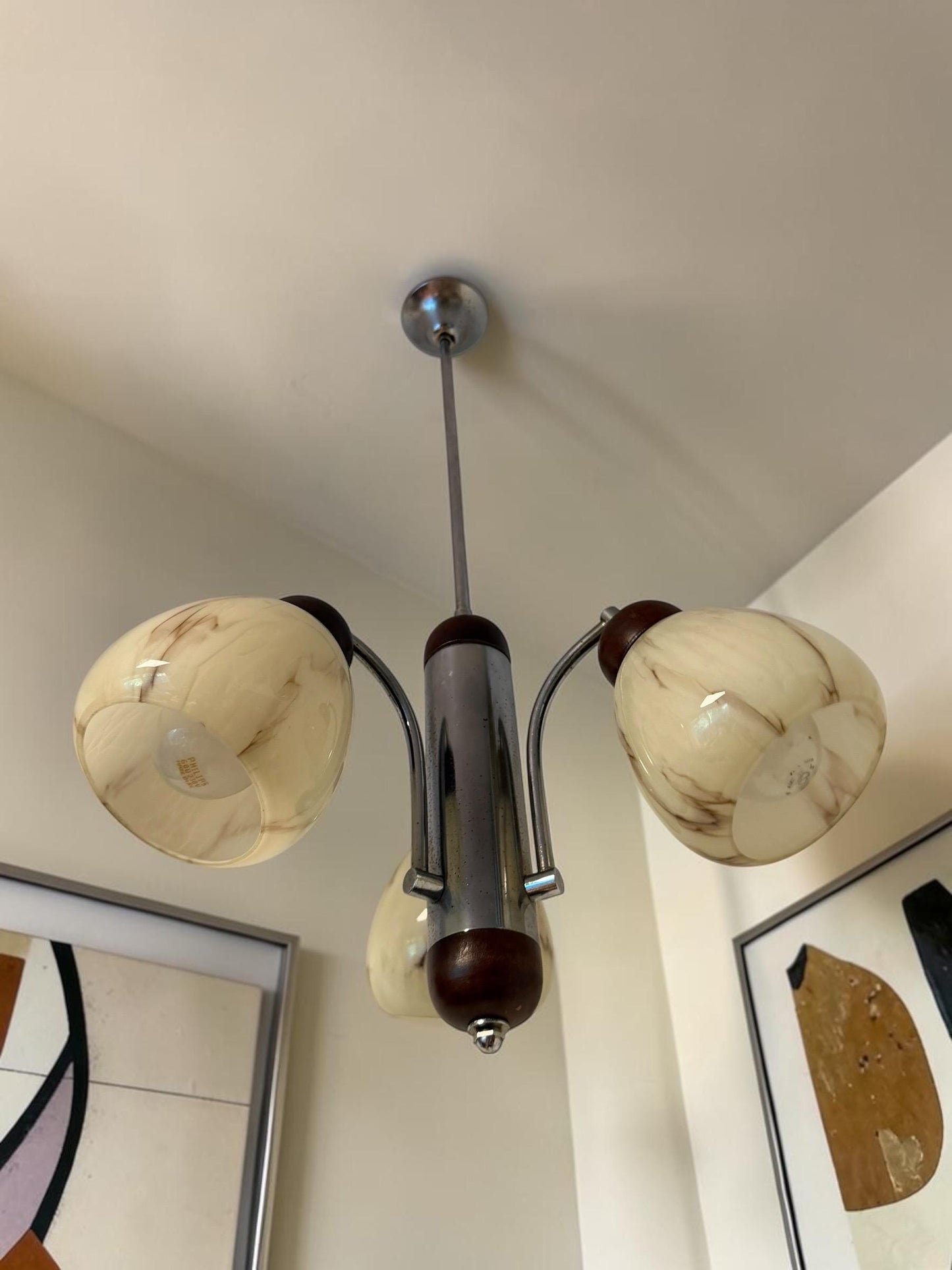 1930s Art Deco Bauhaus Chandelier – Chrome, Wood & Marbled Glass – Czechoslovakia
