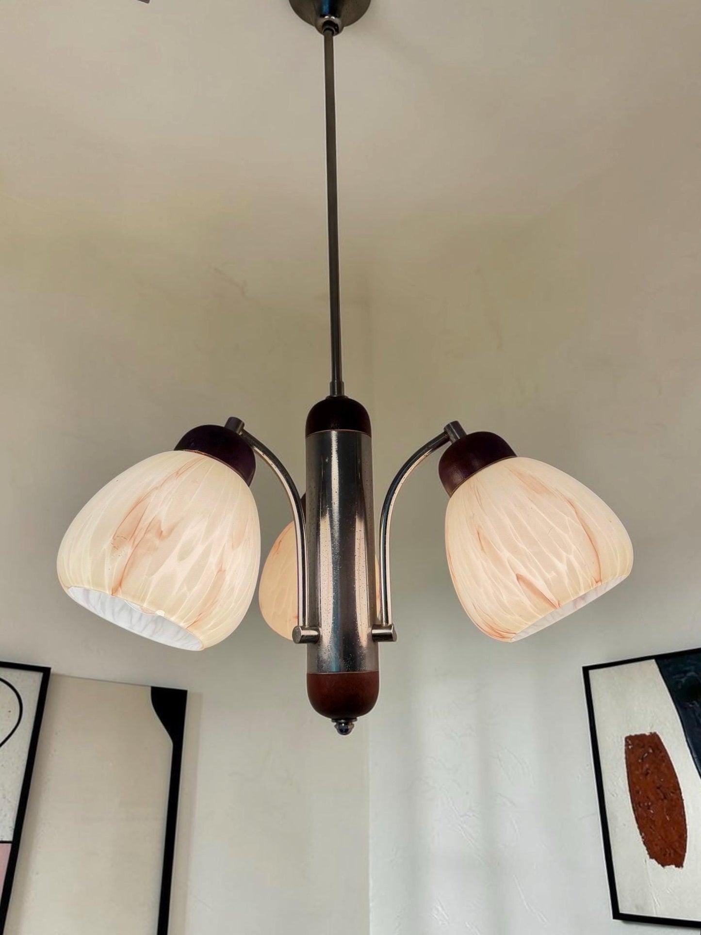 1930s Art Deco Bauhaus Chandelier – Chrome, Wood & Marbled Glass – Czechoslovakia