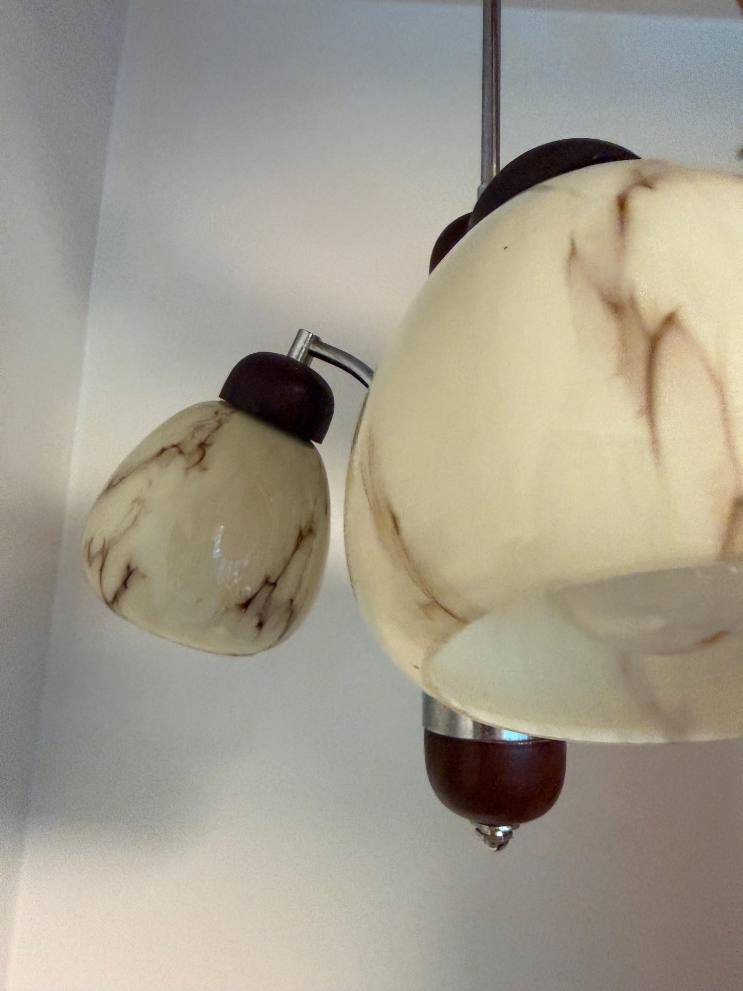 1930s Art Deco Bauhaus Chandelier – Chrome, Wood & Marbled Glass – Czechoslovakia