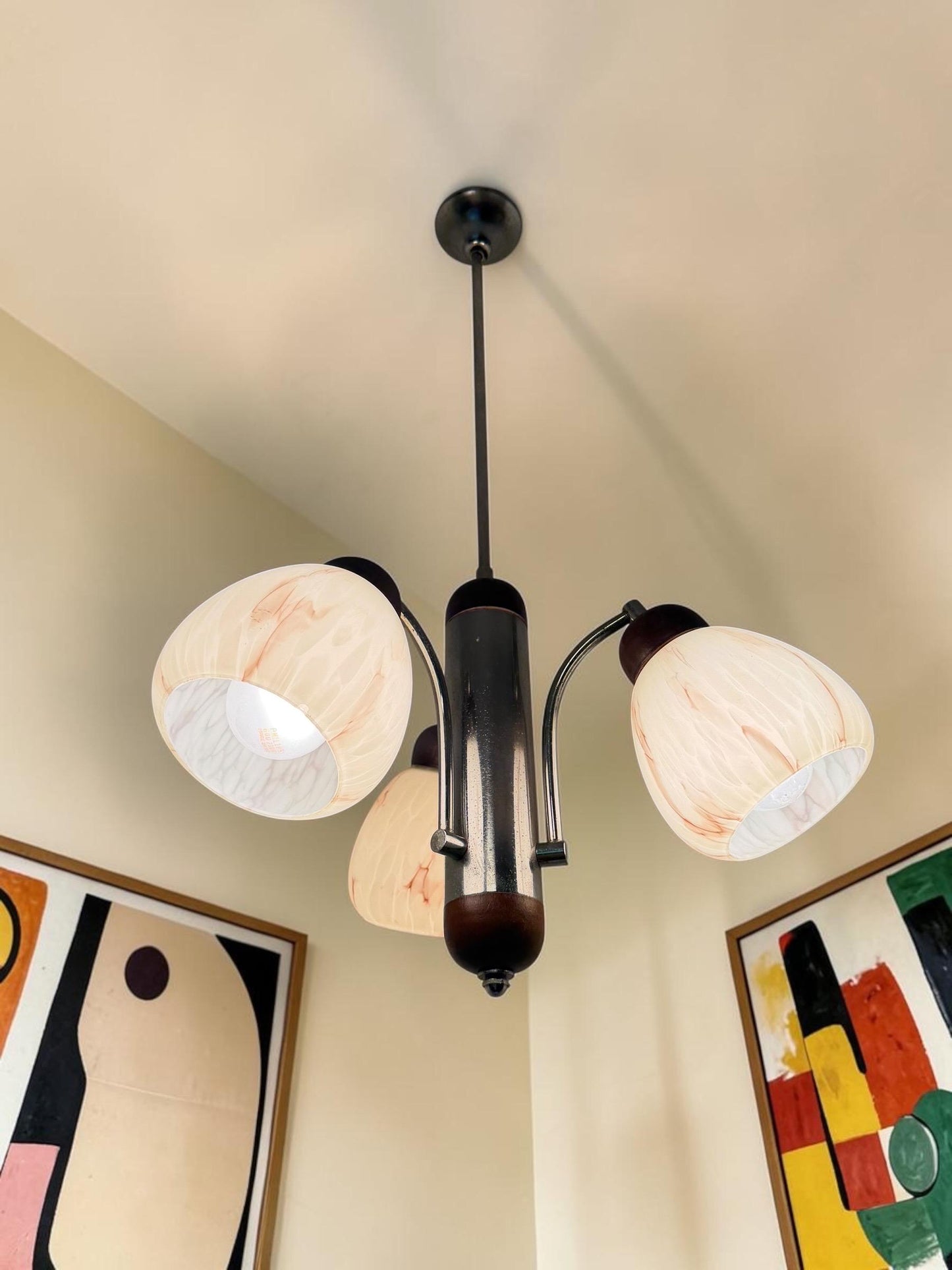 1930s Art Deco Bauhaus Chandelier – Chrome, Wood & Marbled Glass – Czechoslovakia