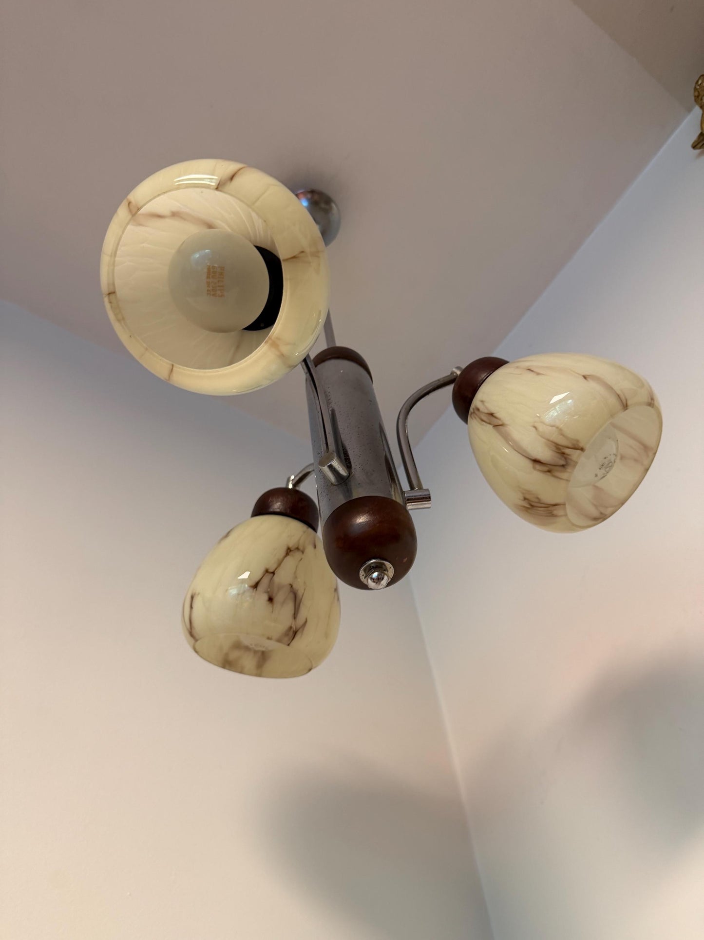 1930s Art Deco Bauhaus Chandelier – Chrome, Wood & Marbled Glass – Czechoslovakia