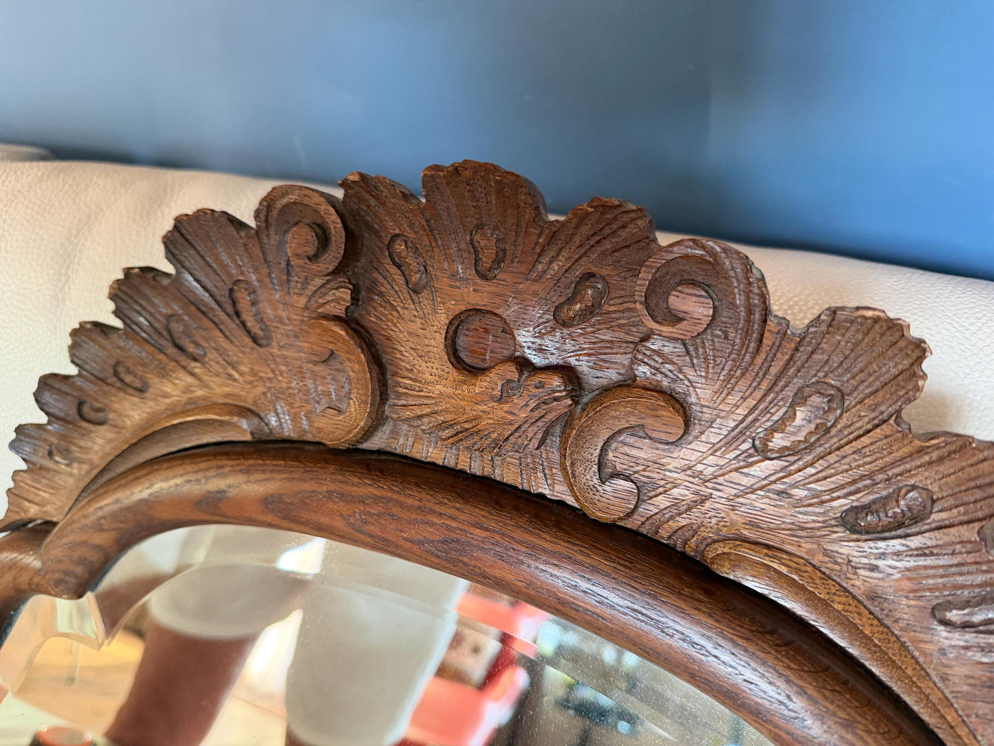 Antique Dutch Soester Mirror with Carved Crest and Bevelled Glass – 19th Century, traditional mirror, used as farmhouse and overmantel