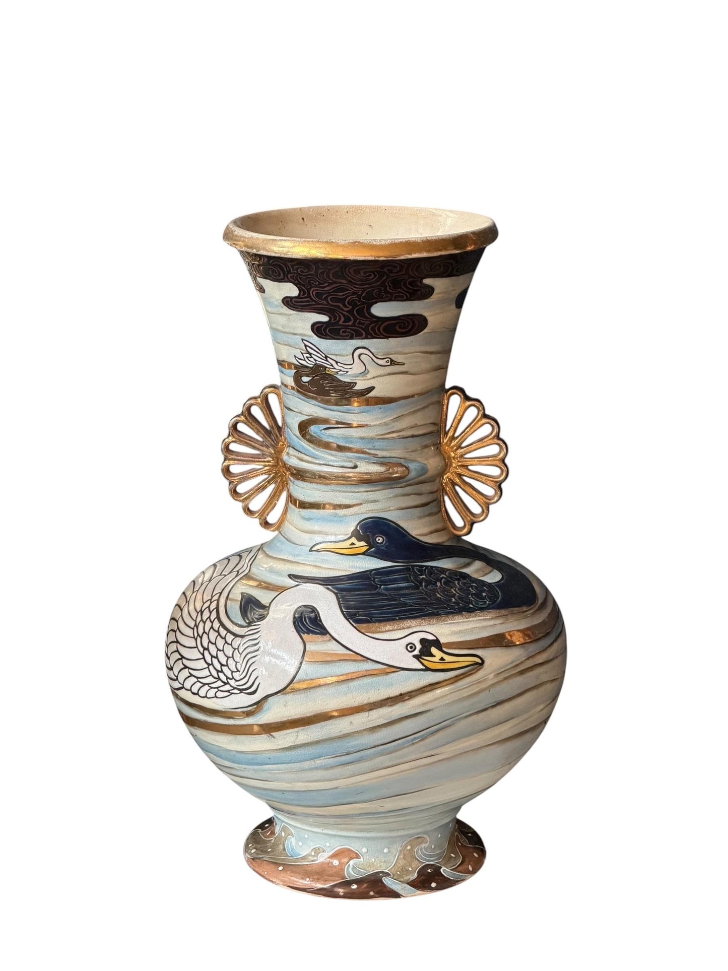 Large Antique Japanese Kinkozan Kyoto Vase with Water Birds: ducks, geese  – Meiji Period . Rare 19th century Satsuma export vase, 40 cm
