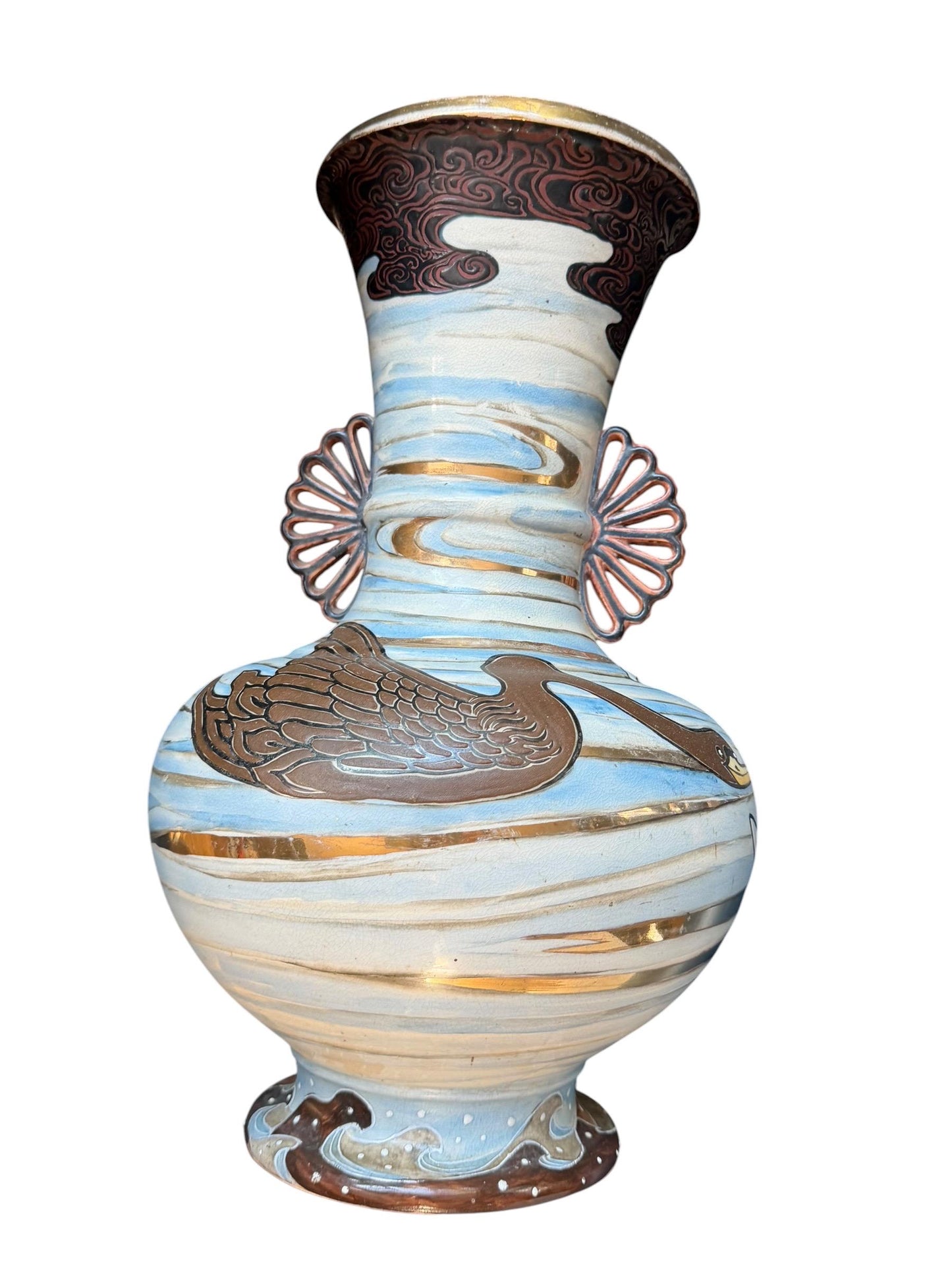 Large Antique Japanese Kinkozan Kyoto Vase with Water Birds: ducks, geese  – Meiji Period . Rare 19th century Satsuma export vase, 40 cm