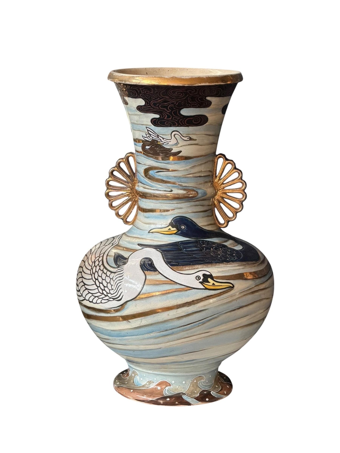 Large Antique Japanese Kinkozan Kyoto Vase with Water Birds: ducks, geese  – Meiji Period . Rare 19th century Satsuma export vase, 40 cm