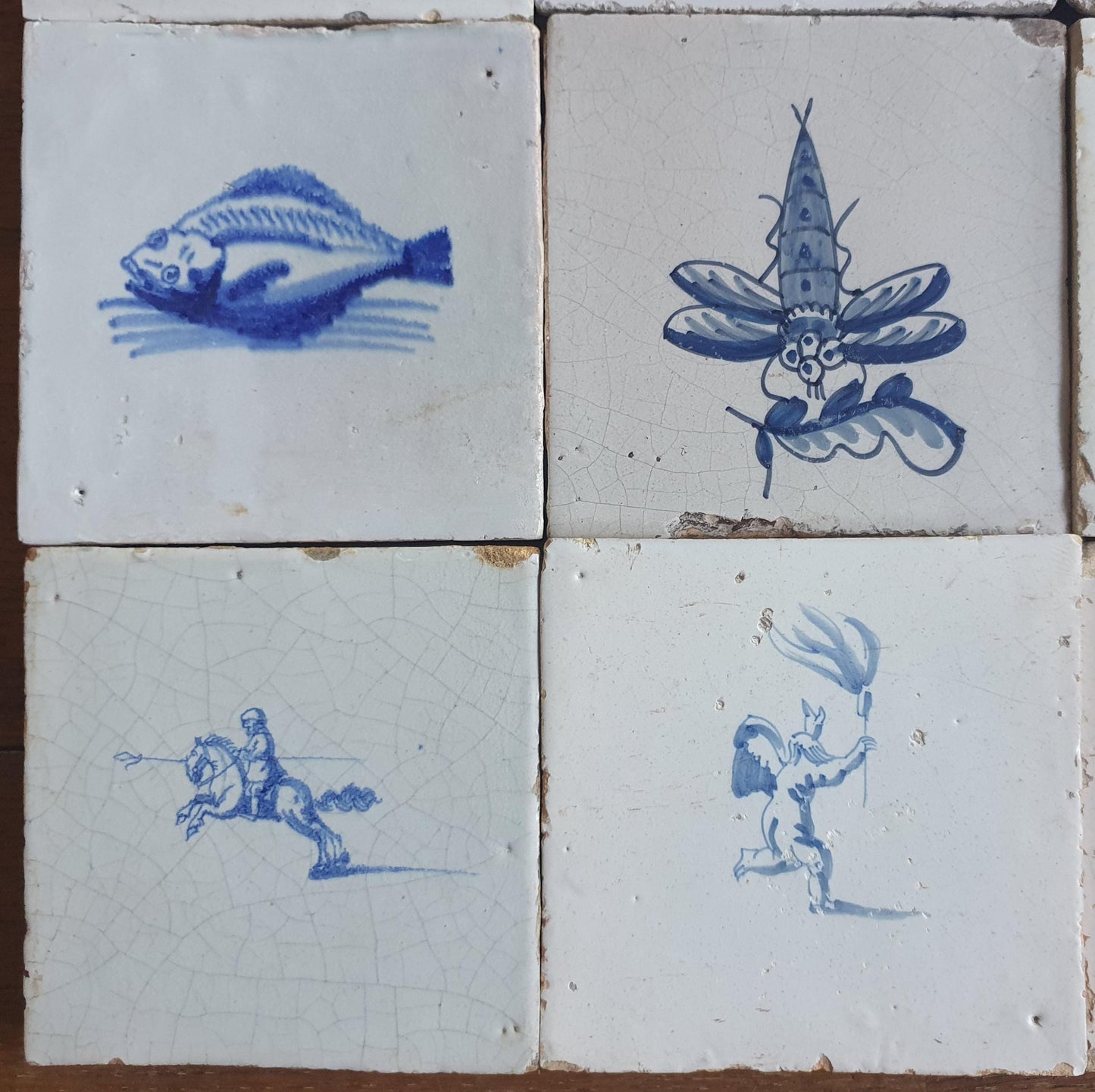 9 x Antique Delft Mix Tiles, 17th-18th  Century Dutch Wall Decor. figuetile