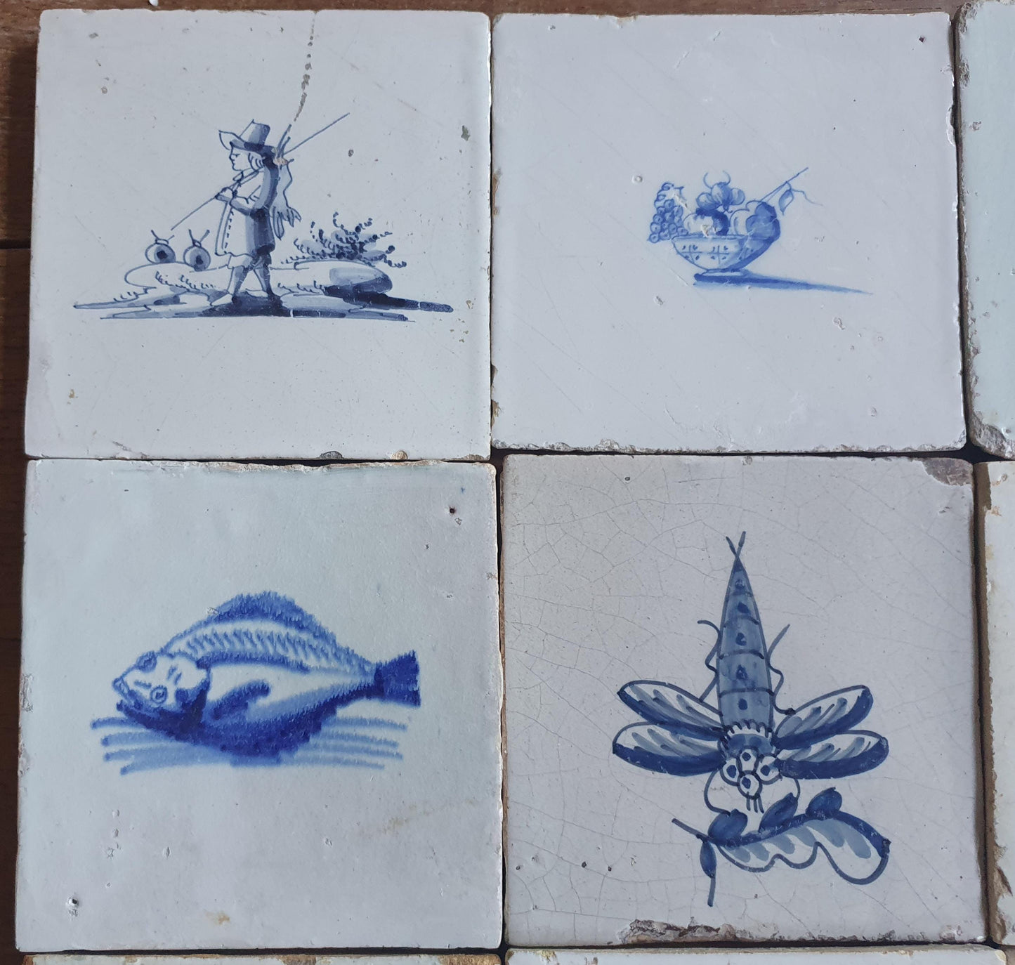 9 x Antique Delft Mix Tiles, 17th-18th  Century Dutch Wall Decor. figuetile
