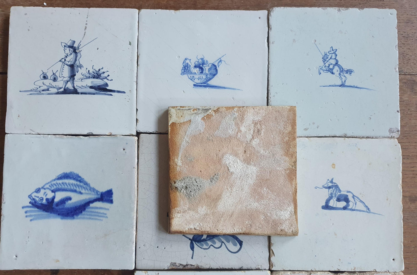 9 x Antique Delft Mix Tiles, 17th-18th  Century Dutch Wall Decor. figuetile