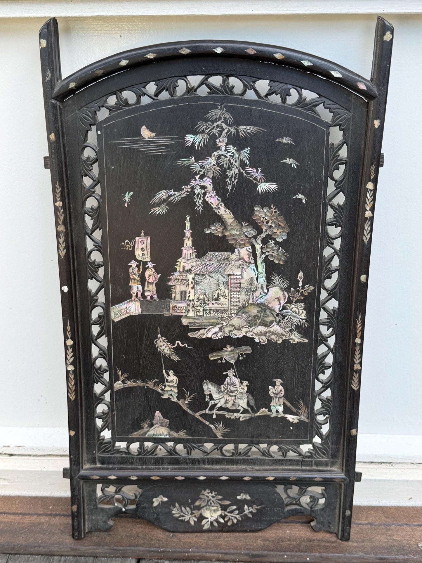 Antique Chinese Carved Wood Panel door with Mother of Pearl Inlay, Early 20th Century