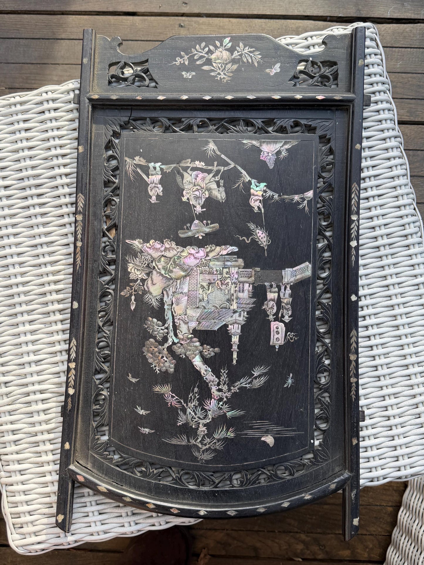 Antique Chinese Carved Wood Panel door with Mother of Pearl Inlay, Early 20th Century