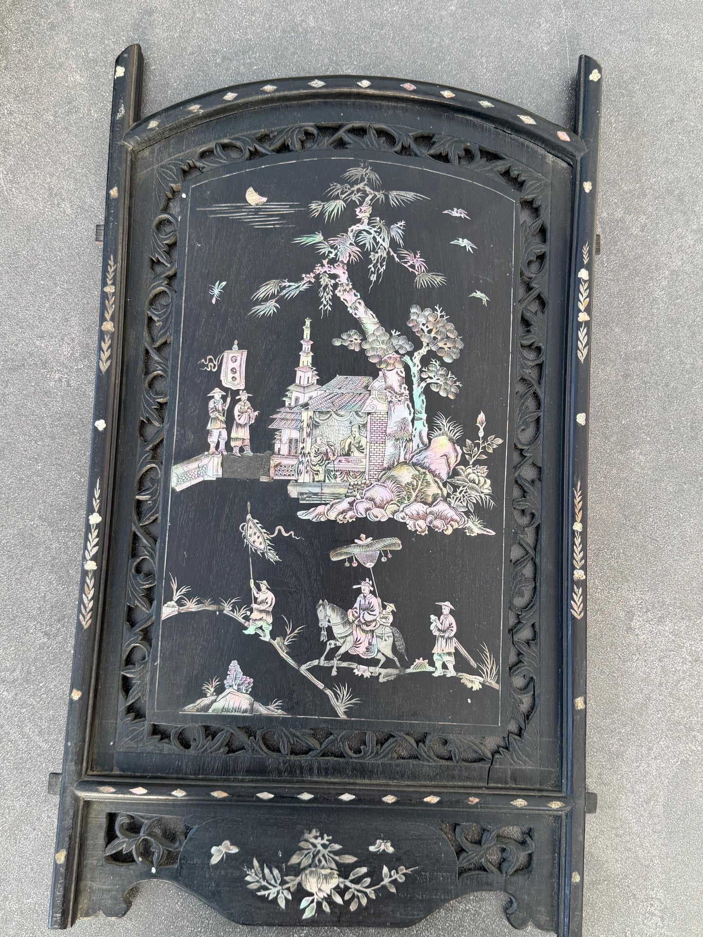 Antique Chinese Carved Wood Panel door with Mother of Pearl Inlay, Early 20th Century