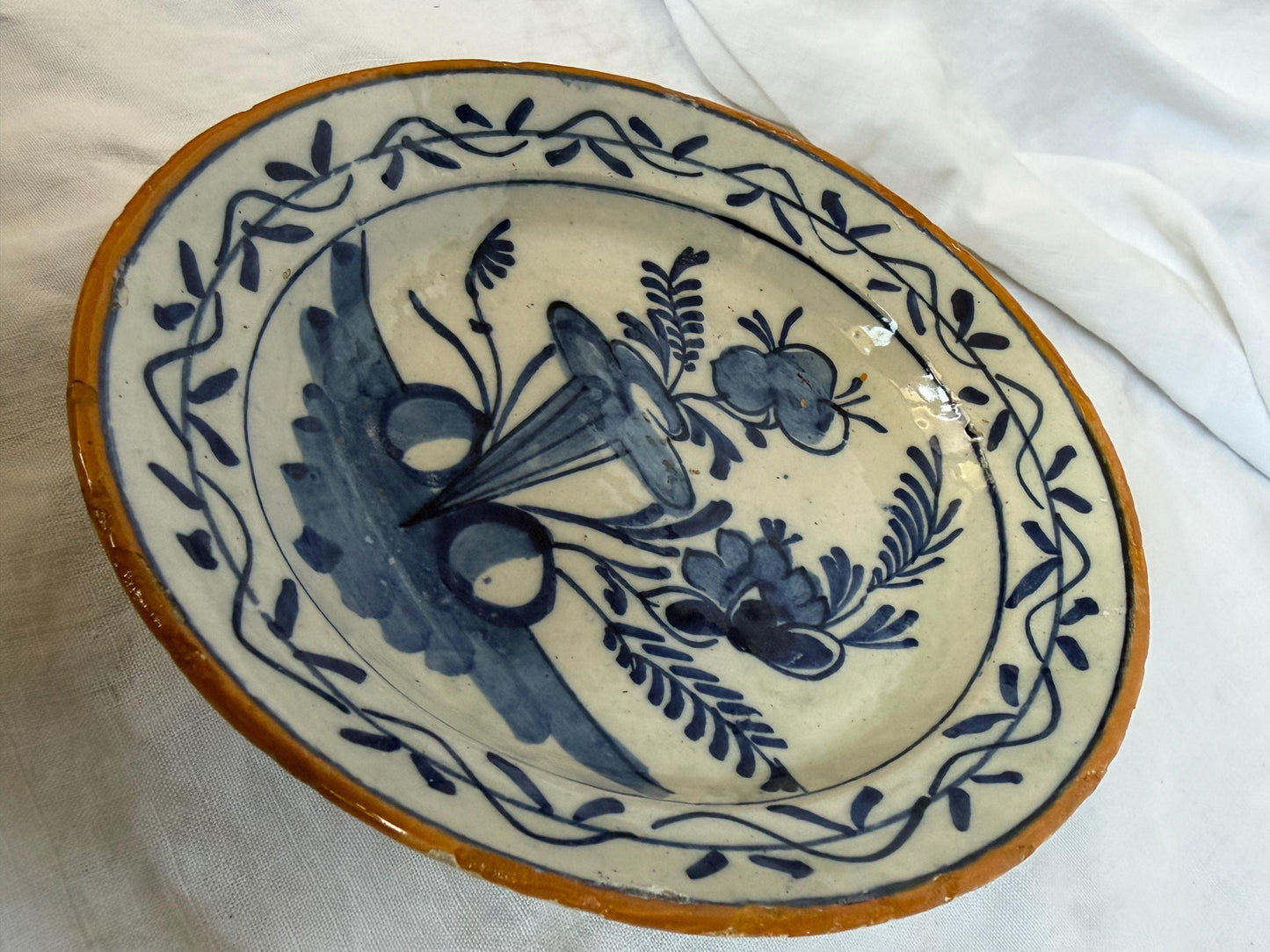 Antique Delft Plate, pottery,  18th Century Dutch Chinoiserie, Oriental flower Decor. Wall dish