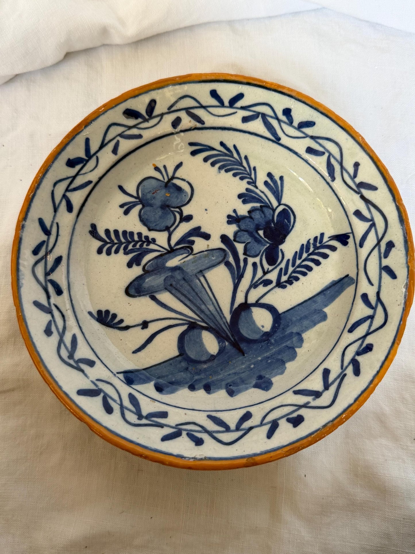 Antique Delft Plate, pottery,  18th Century Dutch Chinoiserie, Oriental flower Decor. Wall dish